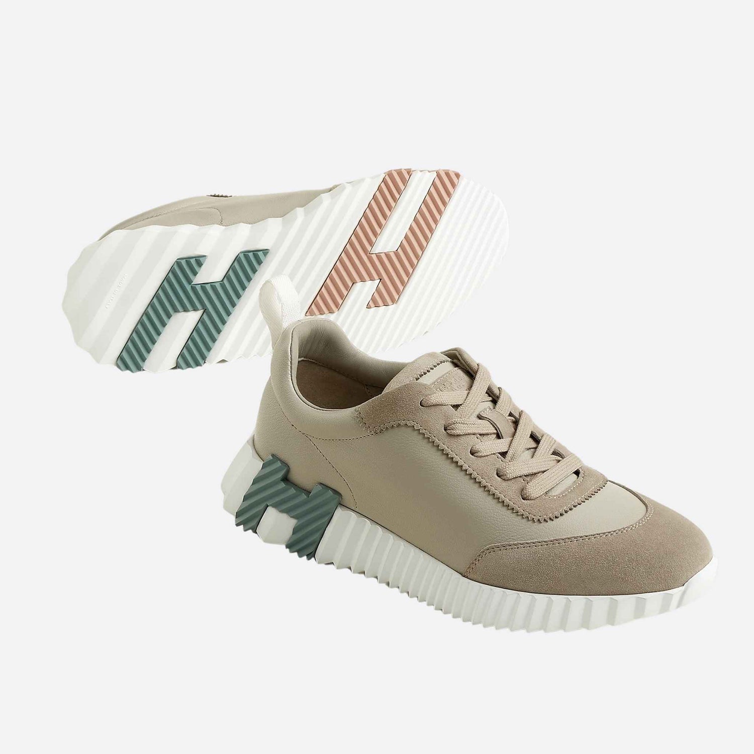 Hermes Bouncing Sneaker Sport Goatskin Suede Women, Beige Esquisse, Front