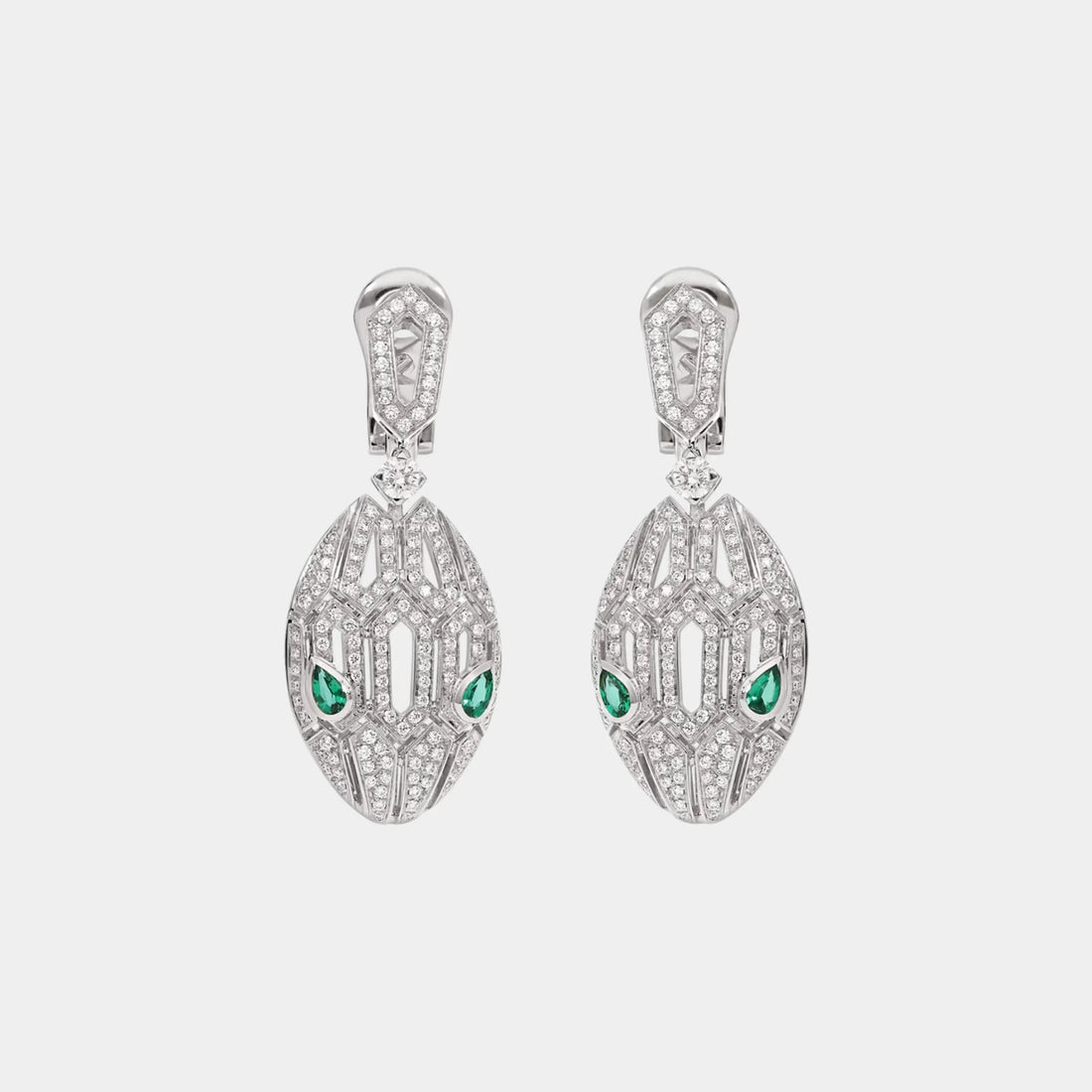 Bvlgari Serpenti Seduttori Earrings with Emerald Eyes & Pave Diamonds, White Gold, Front