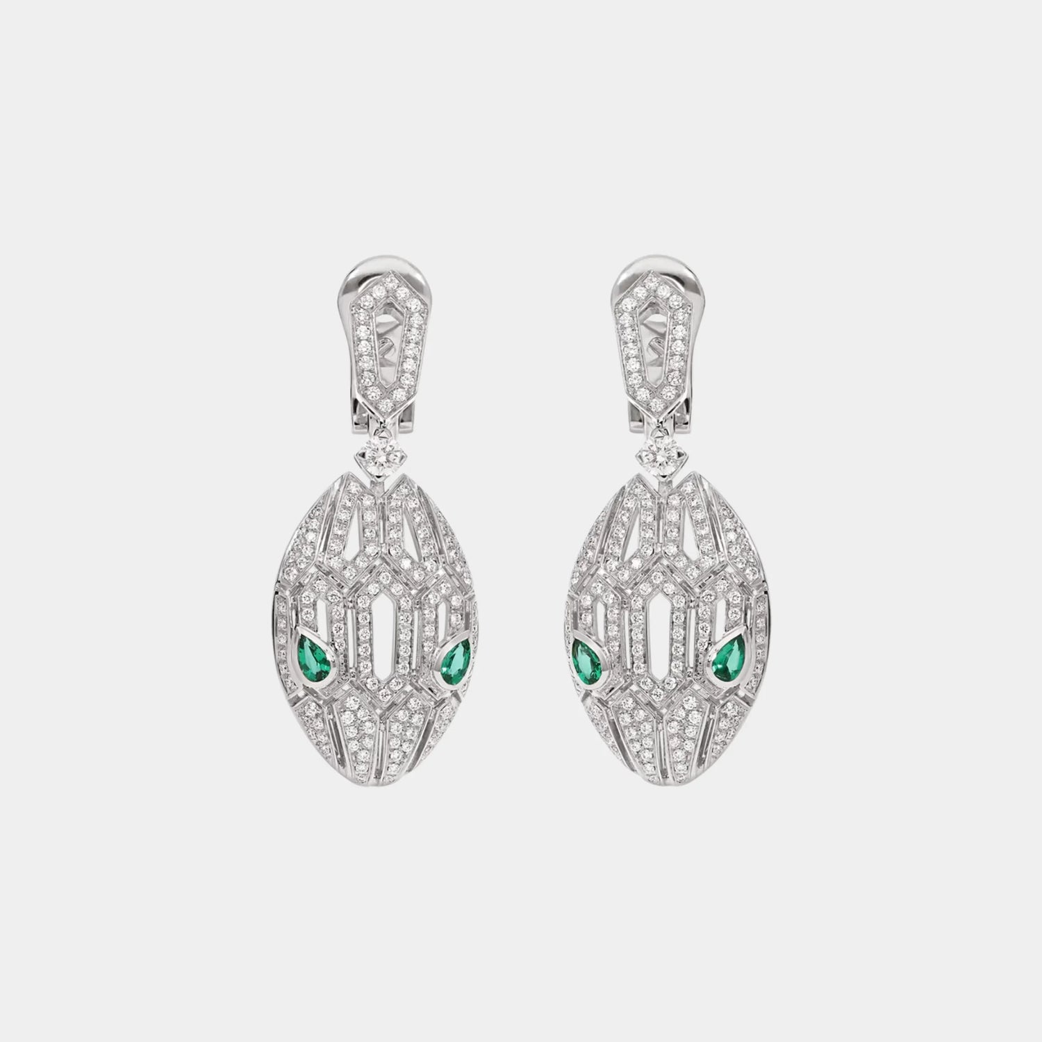 Bvlgari Serpenti Seduttori Earrings with Emerald Eyes &amp; Pave Diamonds, White Gold, Front