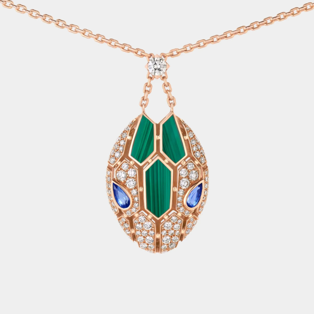 Bvlgari Serpenti Seduttori Necklace with Sapphire Malachite & Diamonds, Rose Gold, Close