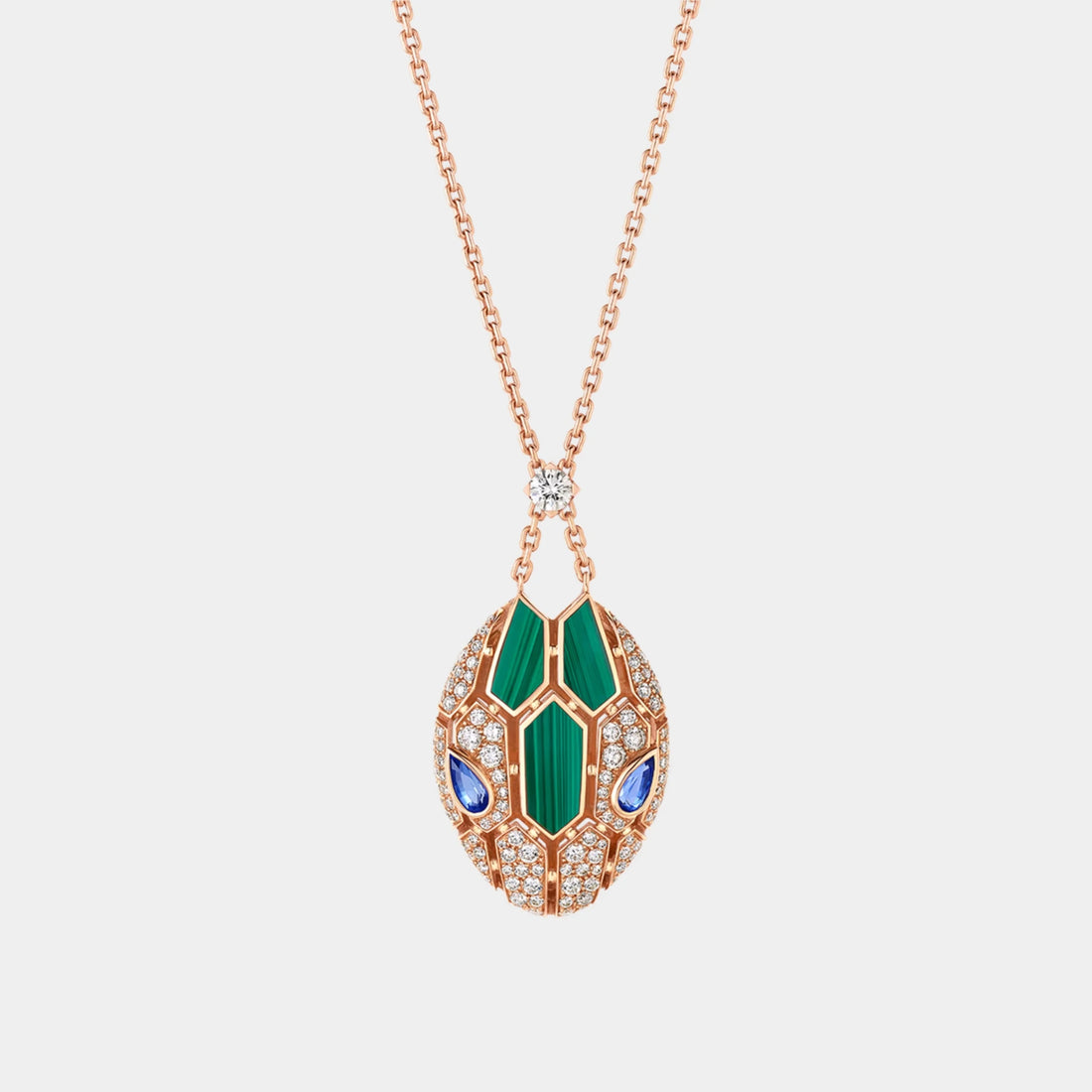Bvlgari Serpenti Seduttori Necklace with Sapphire Malachite & Diamonds, Rose Gold, Front