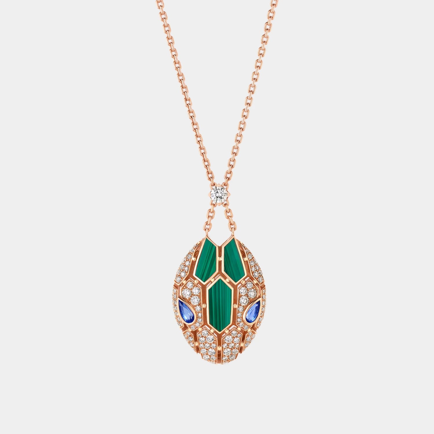 Bvlgari Serpenti Seduttori Necklace with Sapphire Malachite &amp; Diamonds, Rose Gold, Front