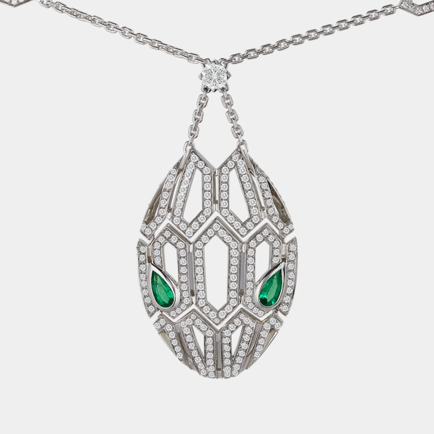 Bvlgari Serpenti Seduttori Pendant Necklace Emerald &amp; Pave Diamonds, White Gold, Close