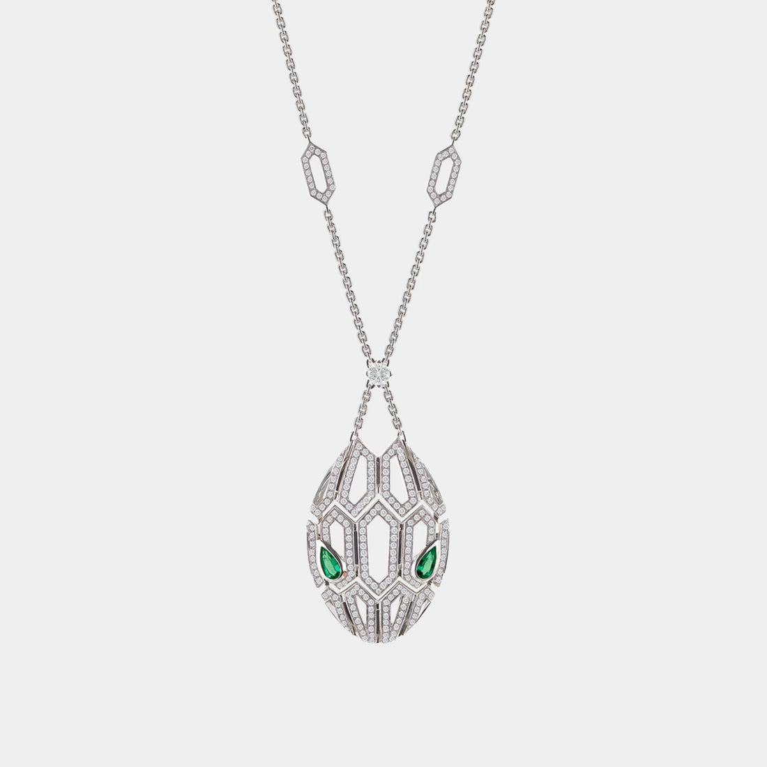 Bvlgari Serpenti Seduttori Pendant Necklace Emerald &amp; Pave Diamonds, White Gold, Front