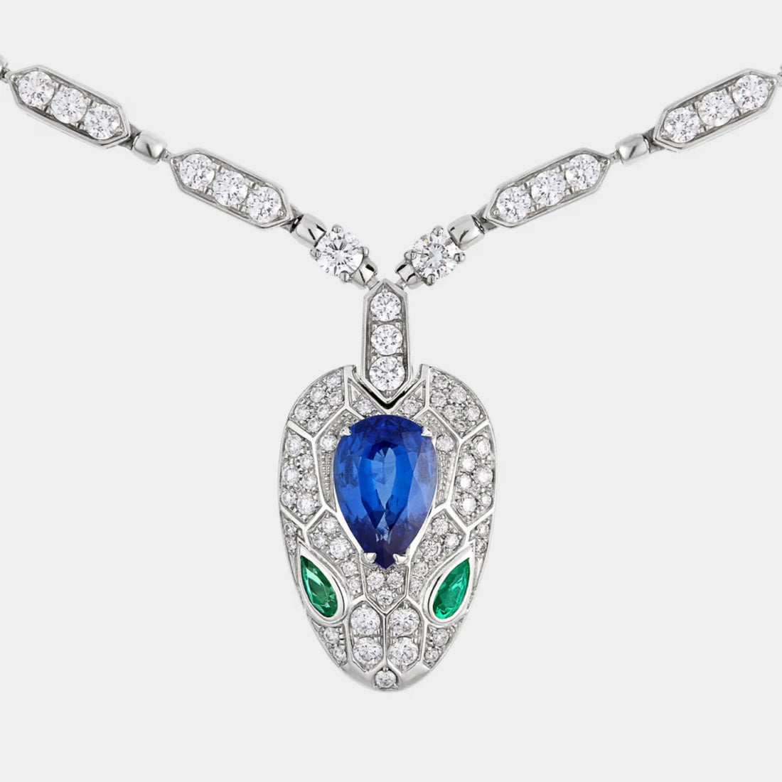 Serpenti White Gold Necklace Emerald/Sapphire, Front, Clsoeup 