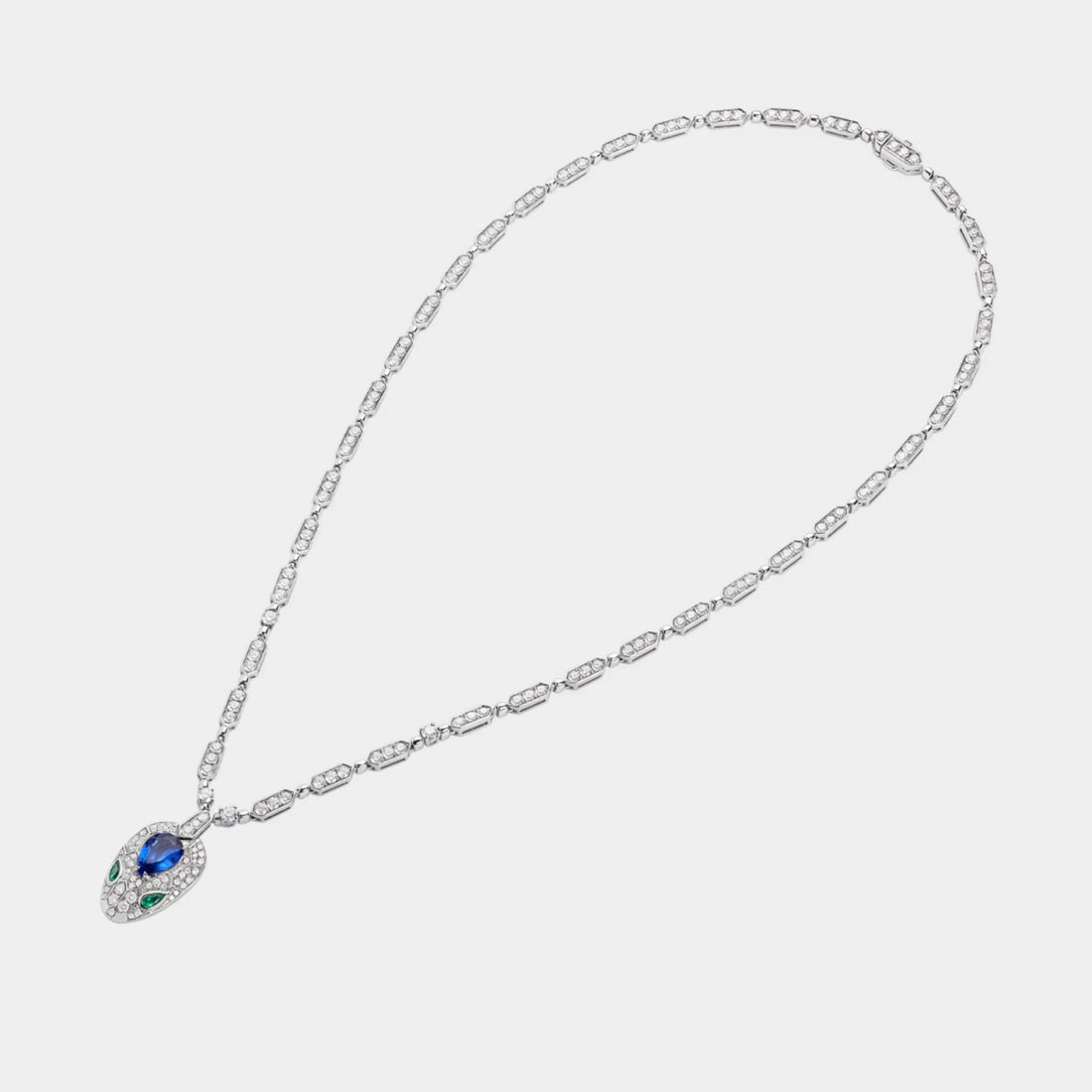 Serpenti White Gold Necklace Emerald/Sapphire, Front, Far