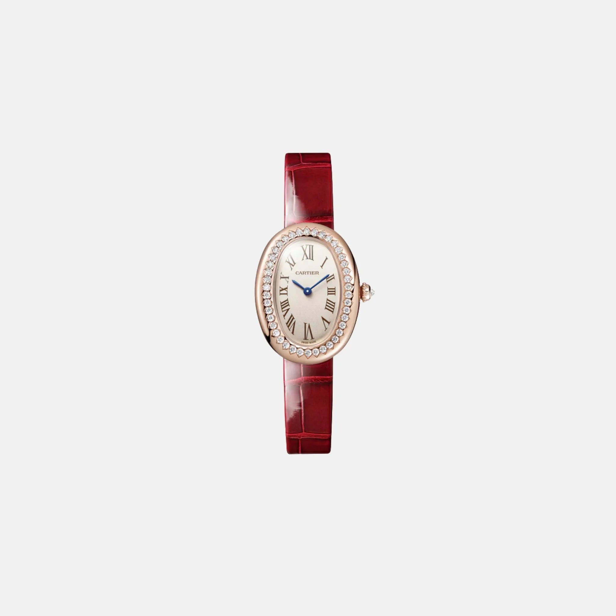 Cartier Baignoire Small 18K Rose Gold Red Alligator Strap WJBA0053