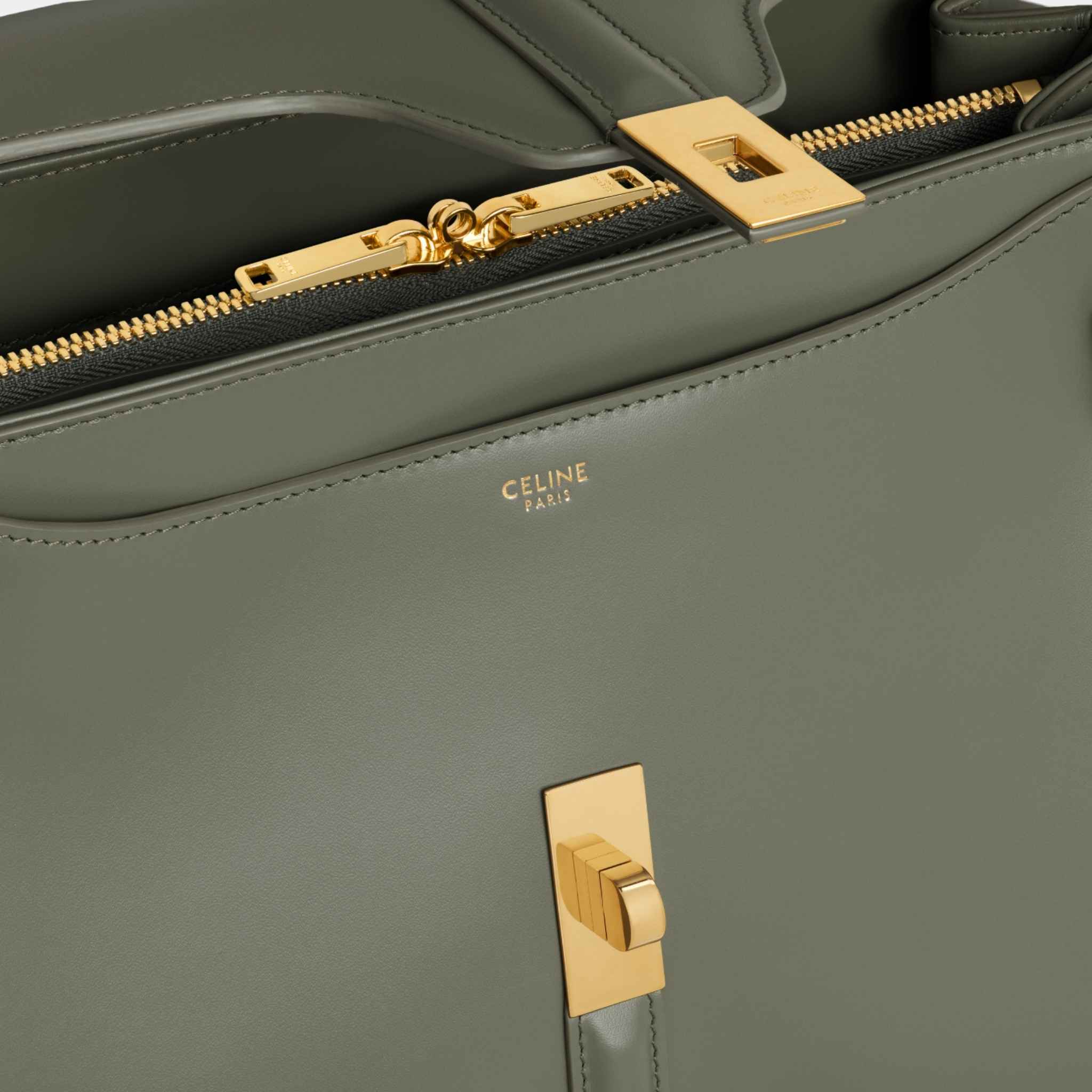 Celine Classique 16 Bag In Satinated Calfskin Handbag, Fall Green, Close Up View