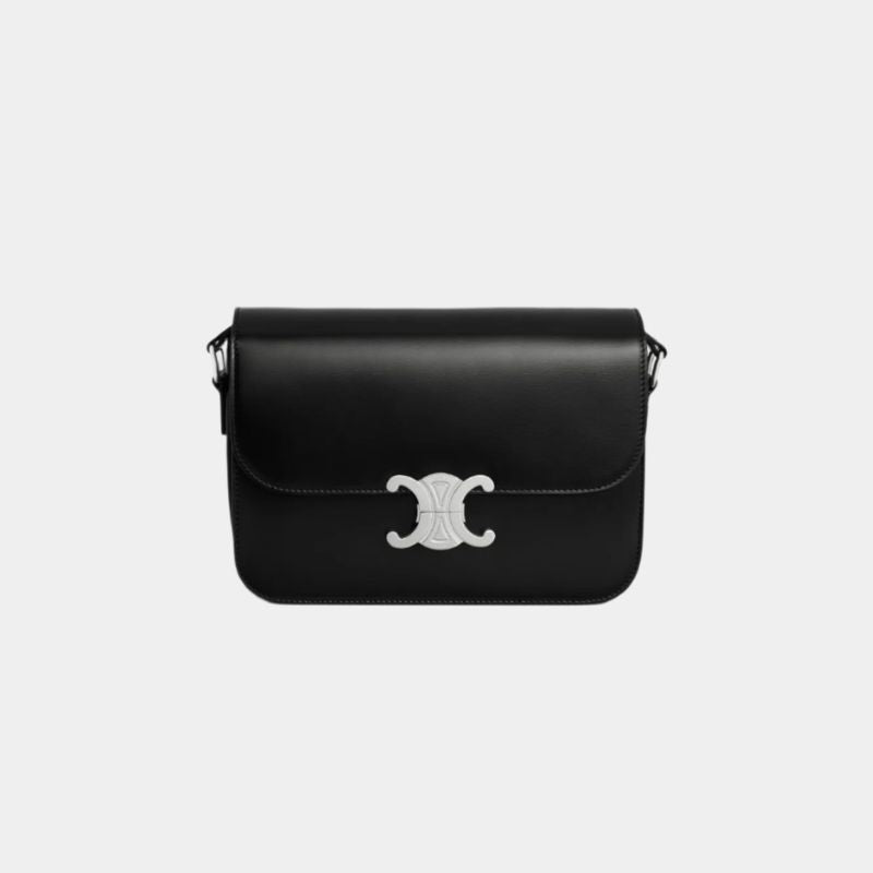 Celine Classique Triomphe Bag In Shiny Calfskin Handbag, Black Color, Front View