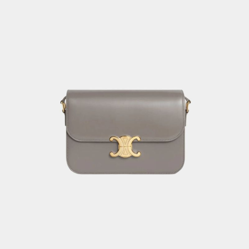 Celine Classique Triomphe Bag In Shiny Calfskin Handbag, Pebble Color, Front View