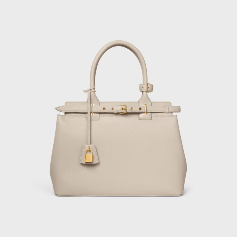 Celine Conti Bag In Upple Calfskin Handbag, Light Stone Color, Front View