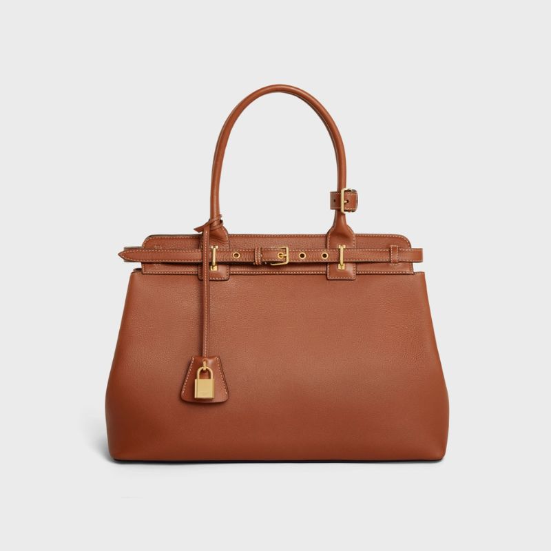 Celine Conti Bag In Upple Calfskin Handbag, Tan Color, Front View