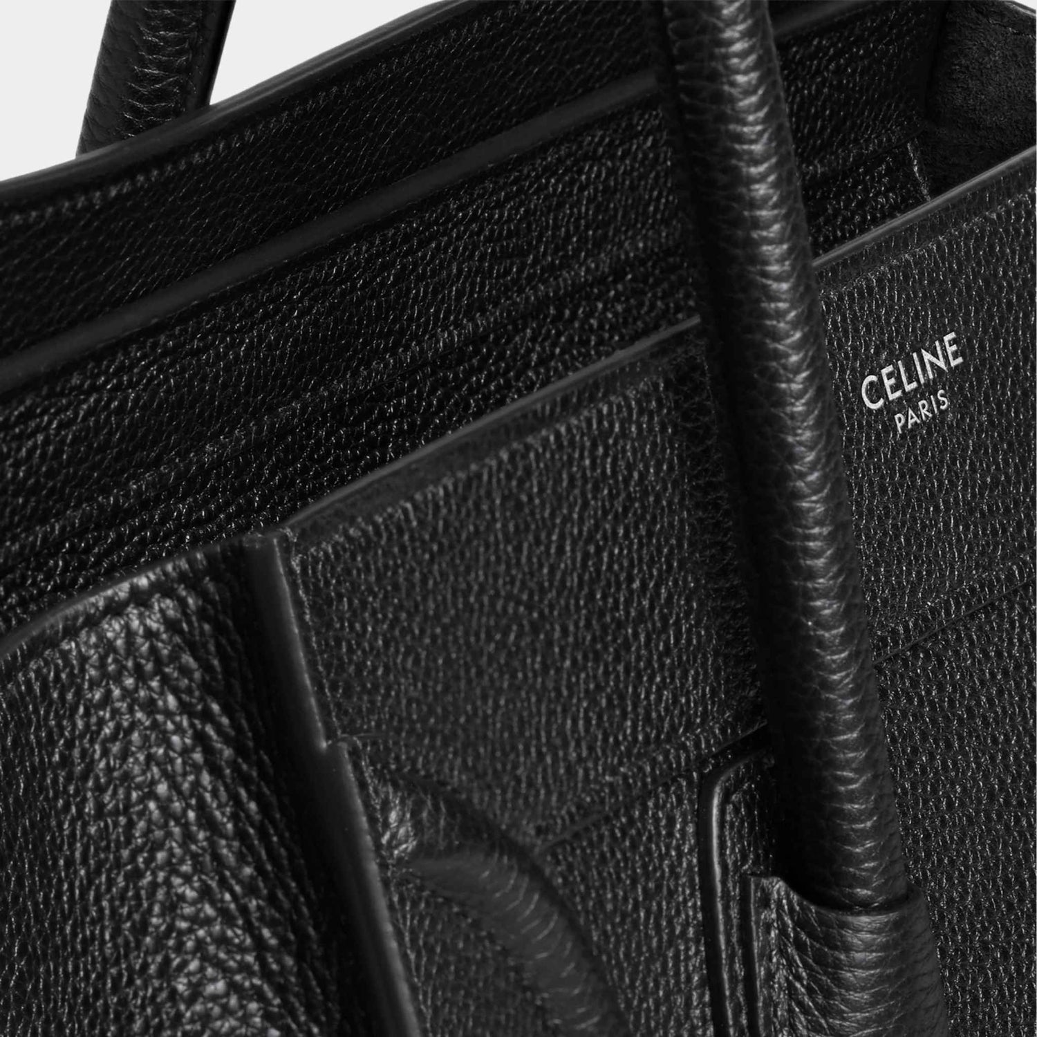 Celine Micro Luggage Handbag In Drummed Calfskin Handbag, Black, Close View