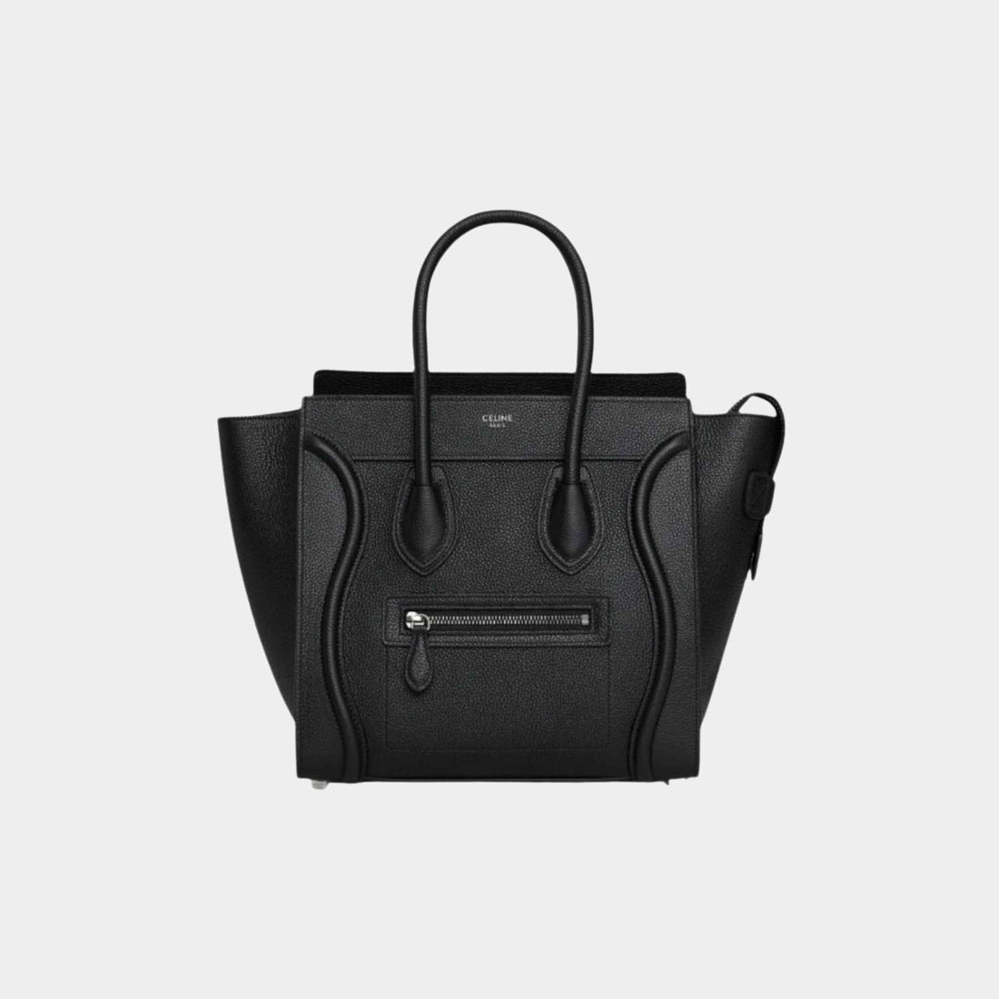 Celine Micro Luggage Handbag In Drummed Calfskin Handbag, Black, Front View