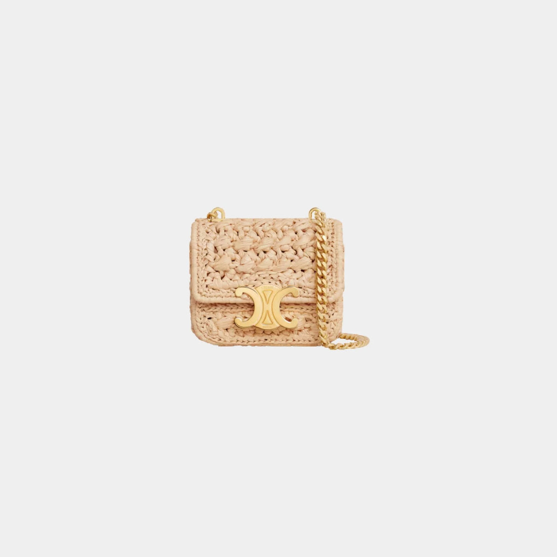 Celine Mini Chain Claude in Raffia Effect Textile, Naturel, Front