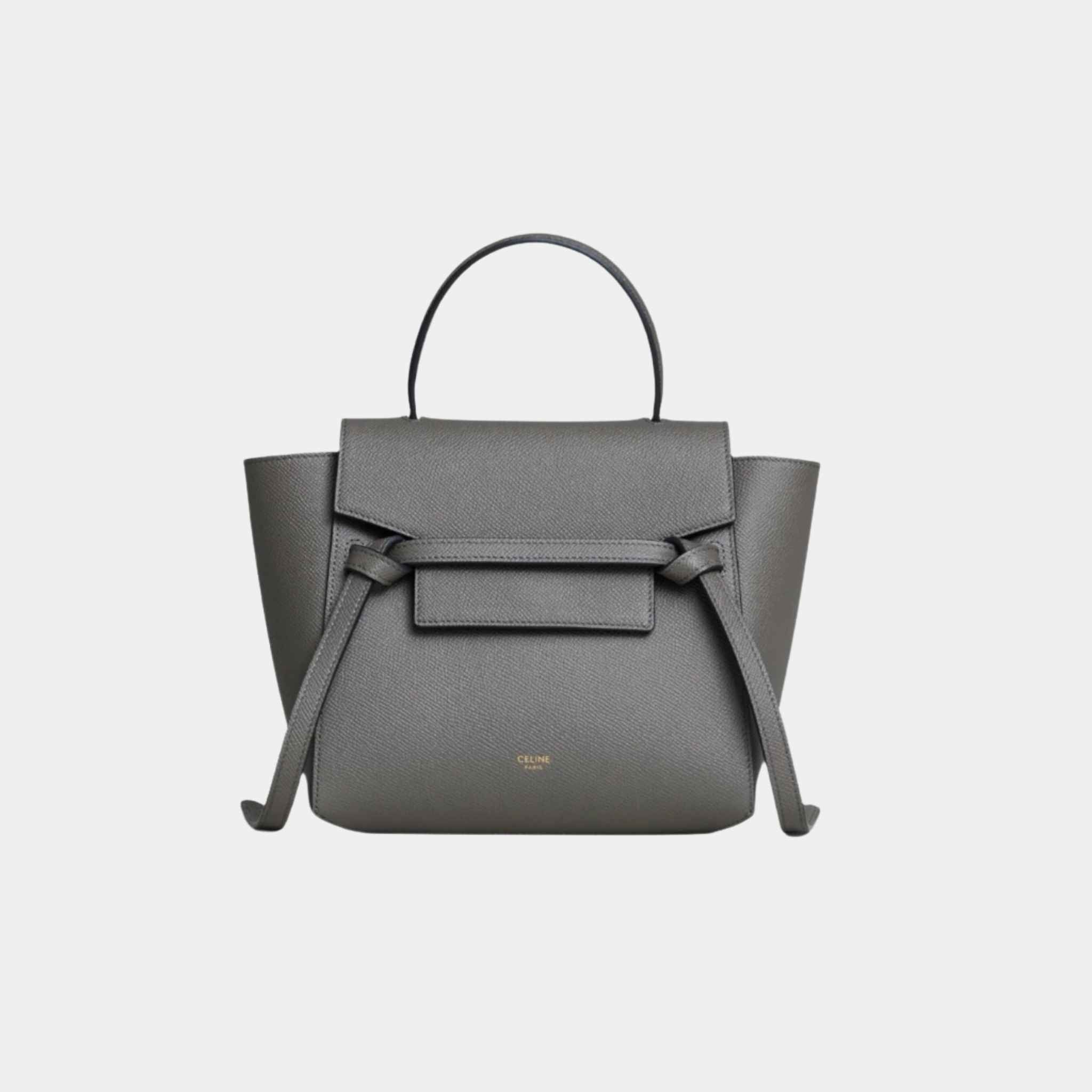 Celine Nano Belt Bag In Grained Calfskin Handbag, Grey, Front View