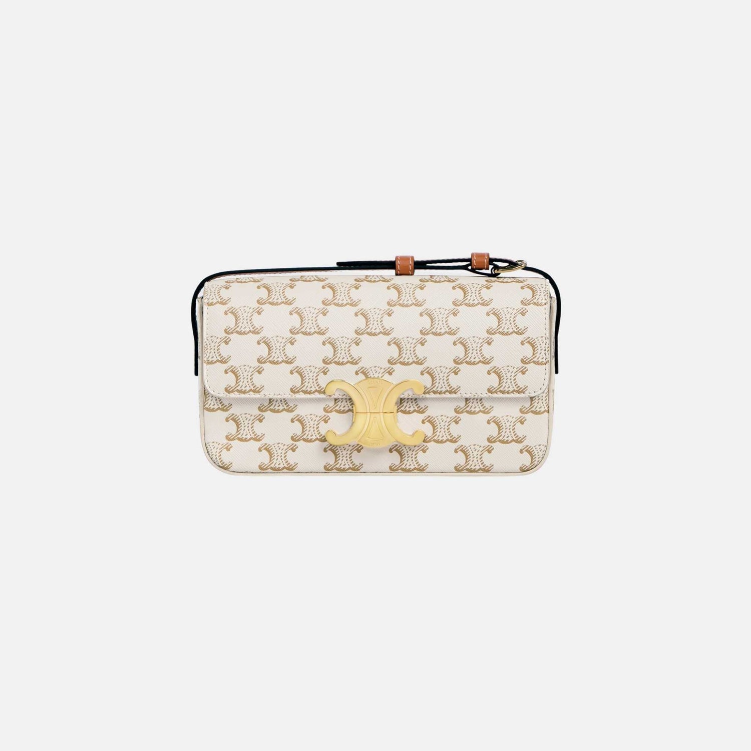 Celine Shoulder Bag Claude In Triomphe Canvas And Calfskin, White, Front