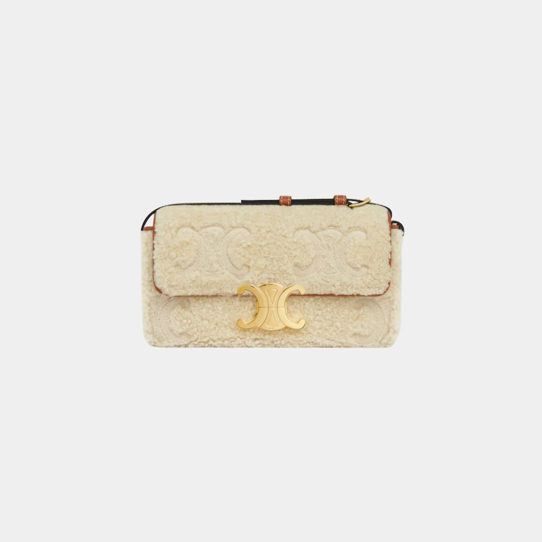 Celine Shoulder Bag Claude in Shearling with Triomphe Embroideries, Naturel, Tan, Front