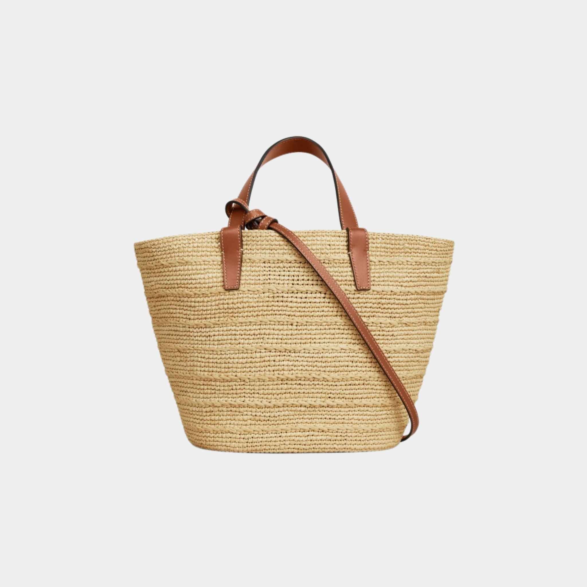 Celine Teen Supple Celine Classic Panier In Raffia And Calfskin Bag, Tan, Back