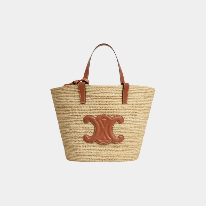 Celine Teen Supple Celine Classic Panier In Raffia And Calfskin Bag, Tan, FrontView