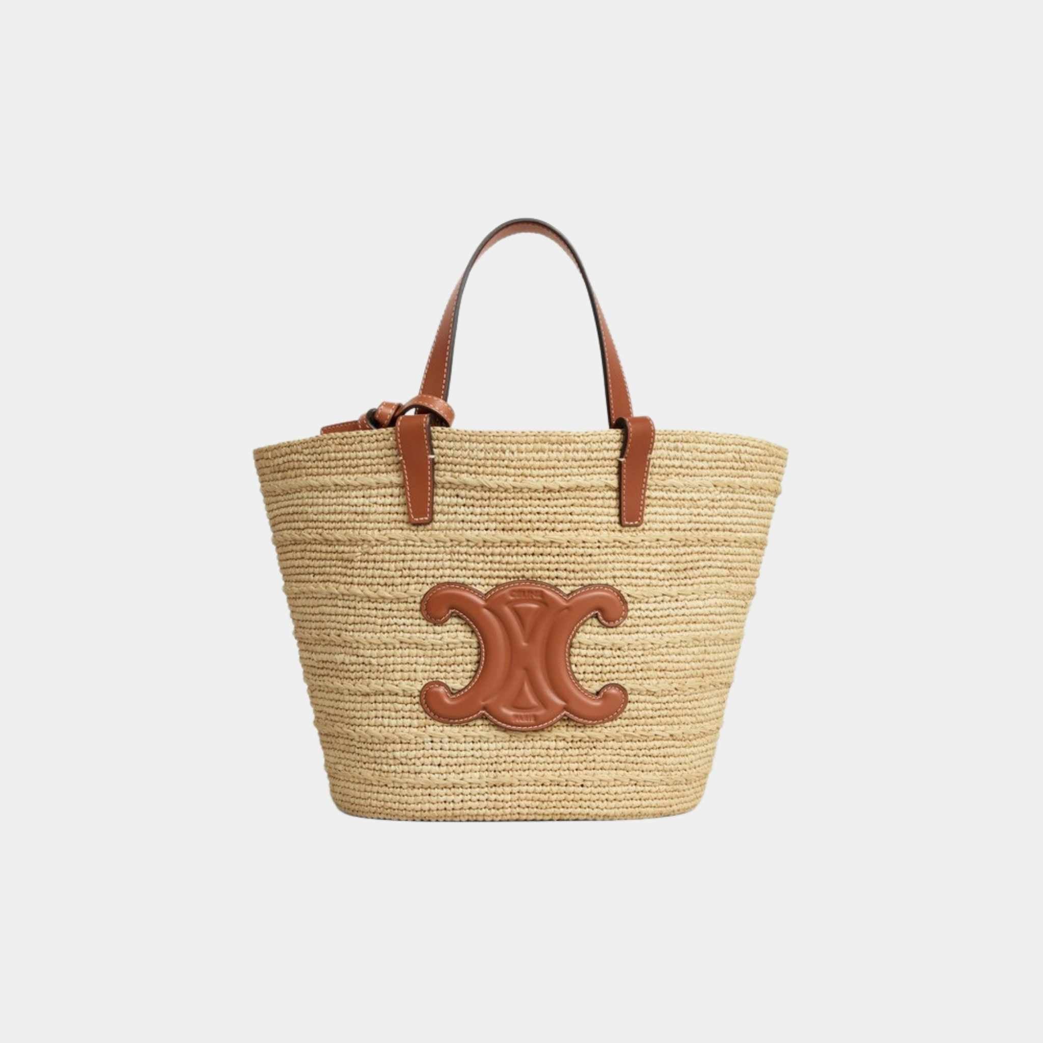 Celine Teen Supple Celine Classic Panier In Raffia And Calfskin Bag, Tan, Front