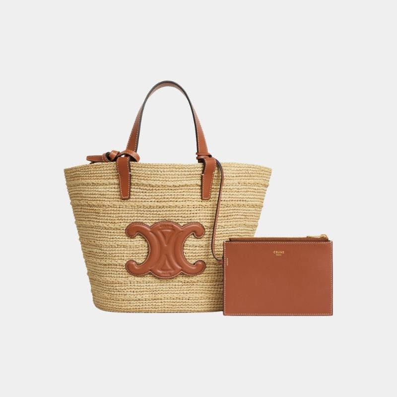 Celine Teen Supple Celine Classic Panier In Raffia And Calfskin Bag, Tan, FullView