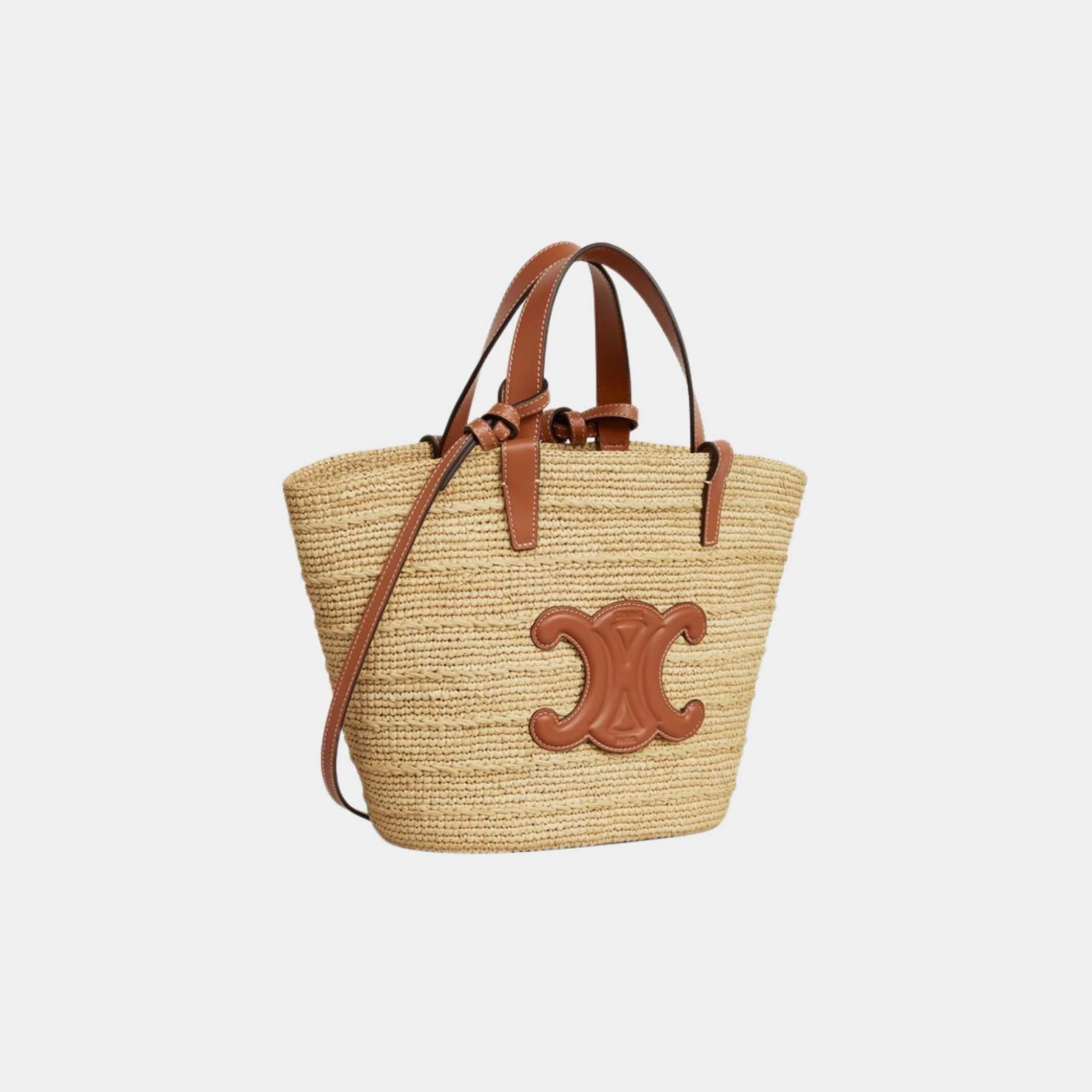 Celine Teen Supple Celine Classic Panier In Raffia And Calfskin Bag, Tan, Side