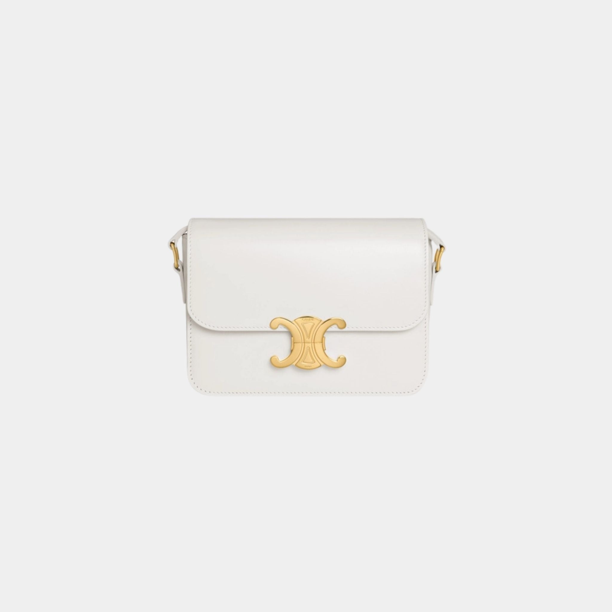 Celine Teen Triomphe Bag In Shiny Calfskin Handbag, White, Front View