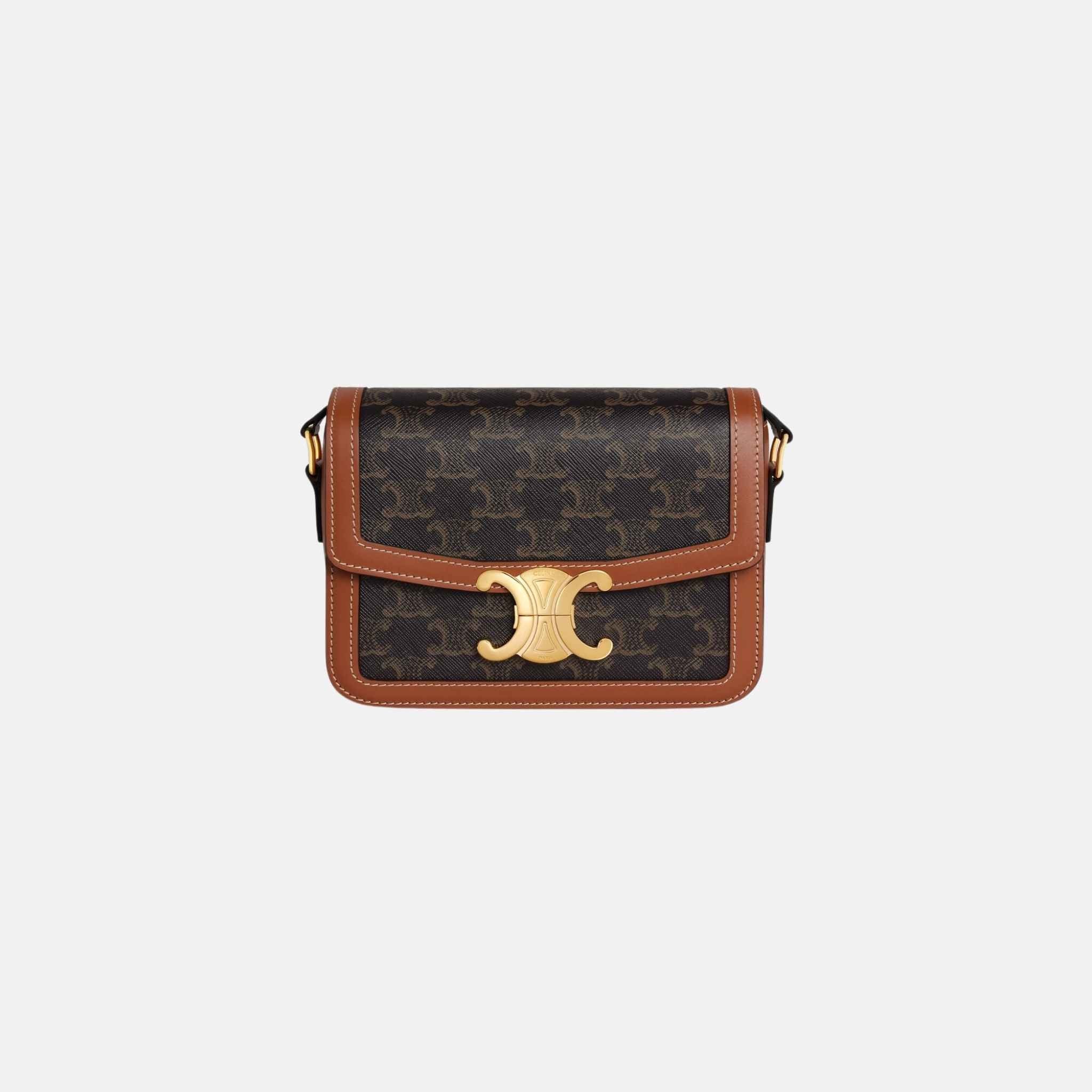 Celine Teen Triomphe Bag In Triomphe Canvas And Calfskin, Tan, Front