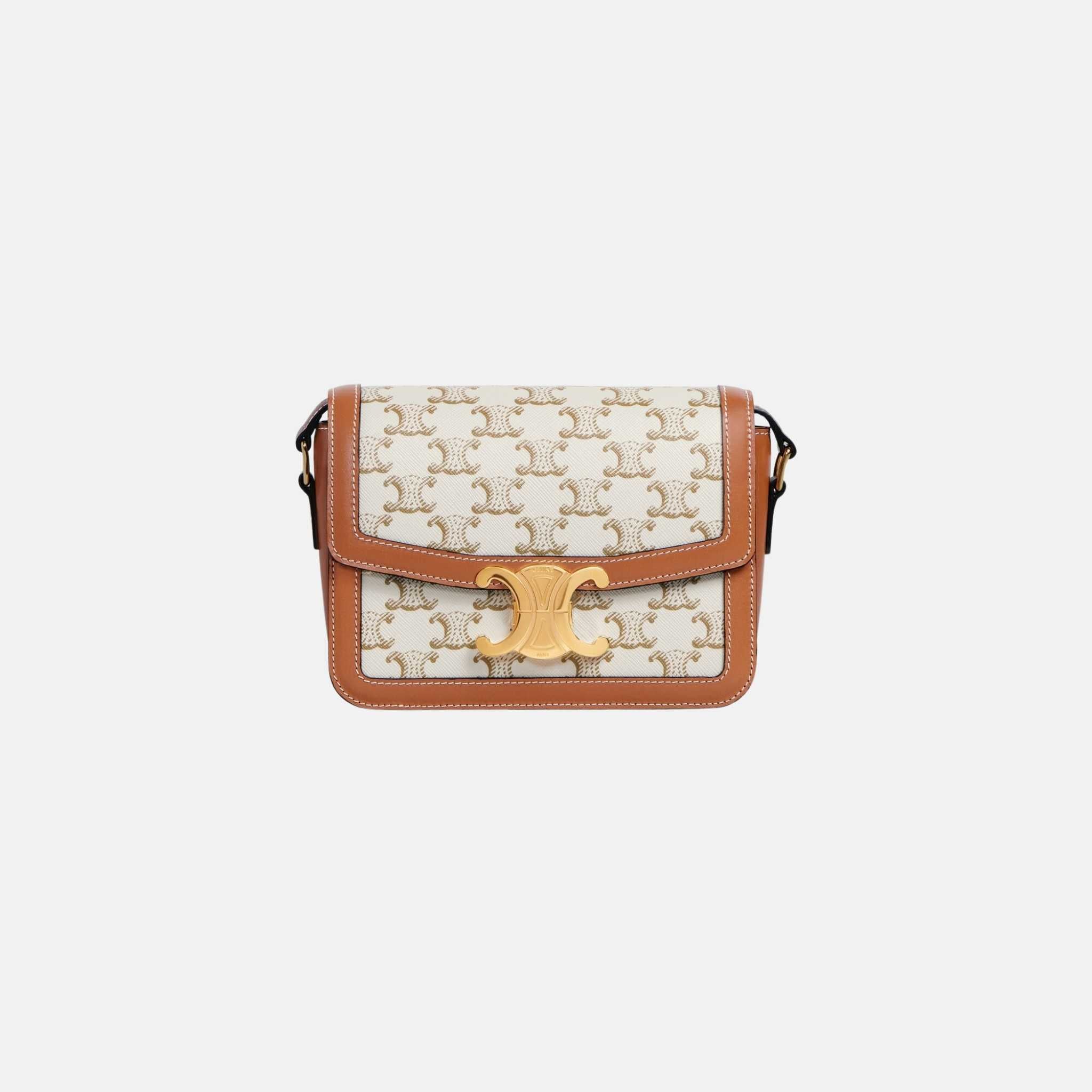 Celine Teen Triomphe Bag In Triomphe Canvas And Calfskin, White, Front