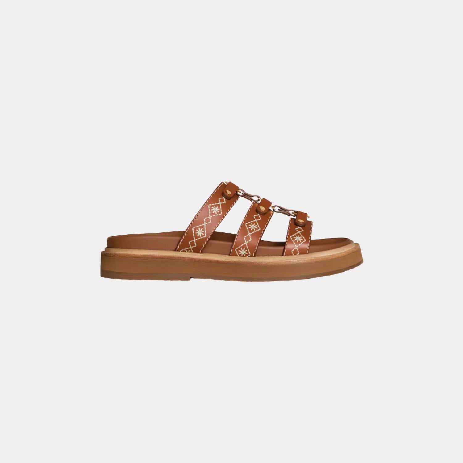 Celine Tippi Slide in Embroidered Calfskin, Tan, Side