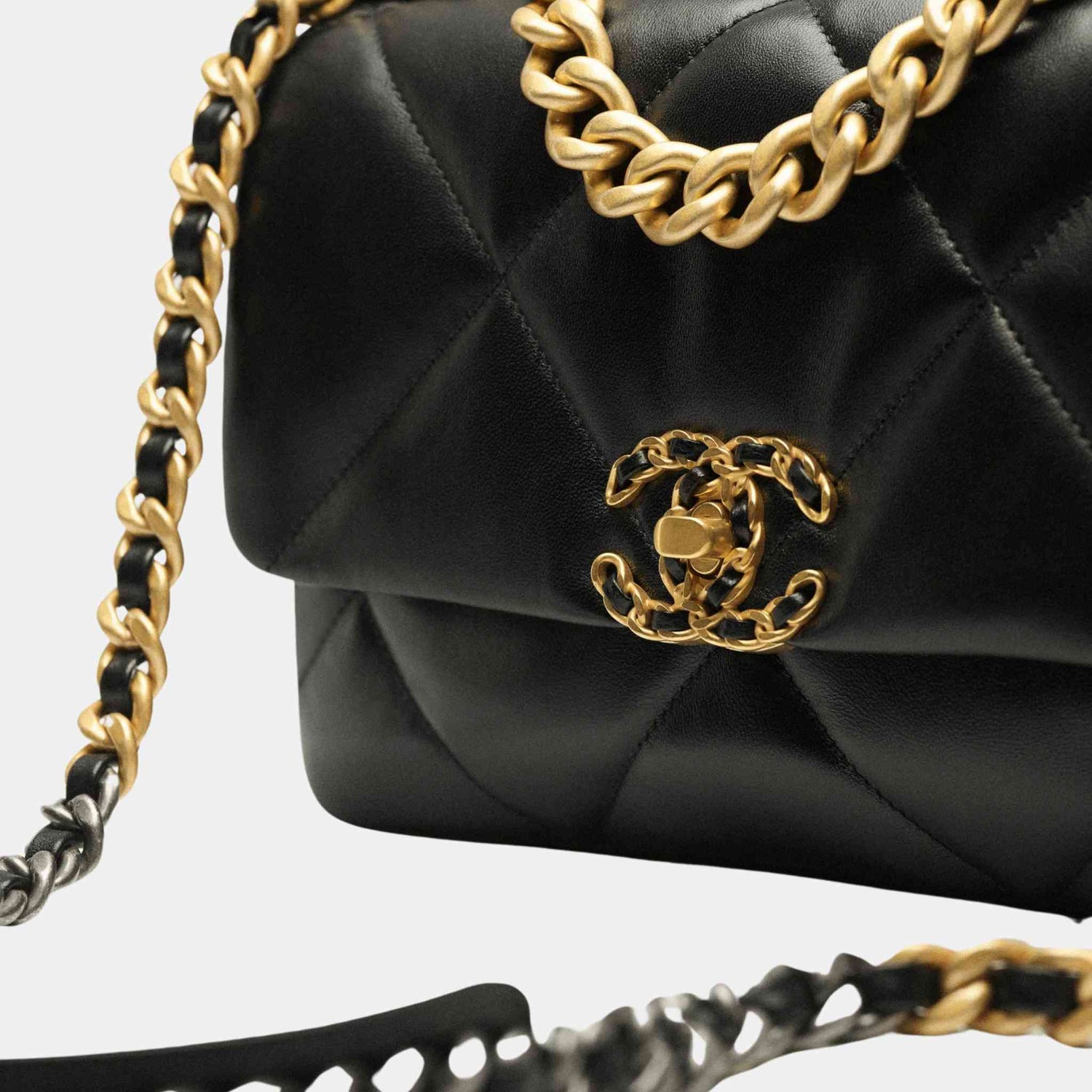 Chanel 19 Handbag Shiny Lambskin , Black, Closeup