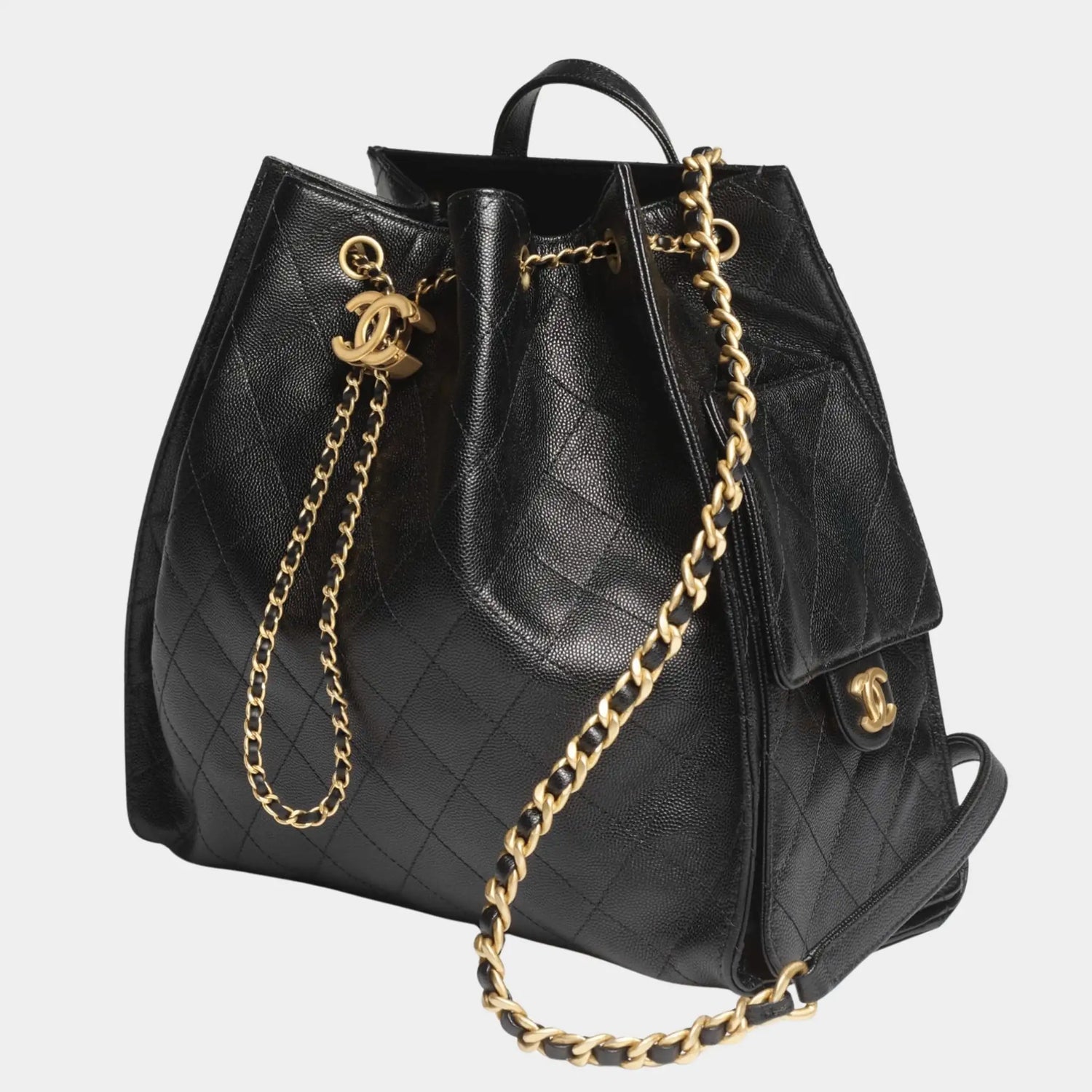 Chanel 25 Large Backpack Grained Calfskin &amp; Gold-Tone Metal, Black , Side