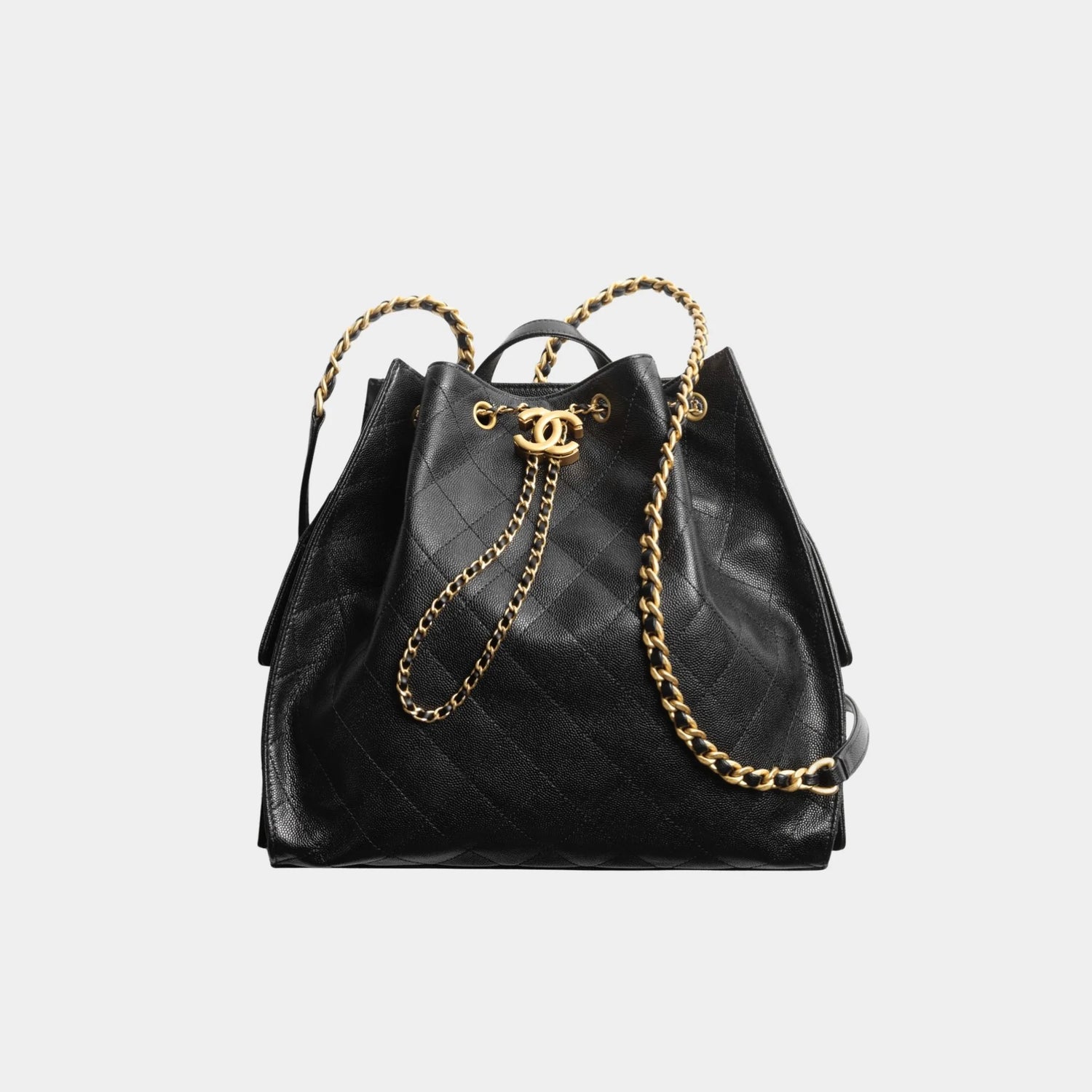 Chanel 25 Large Backpack Grained Calfskin &amp; Gold-Tone Metal, Front , Black 
