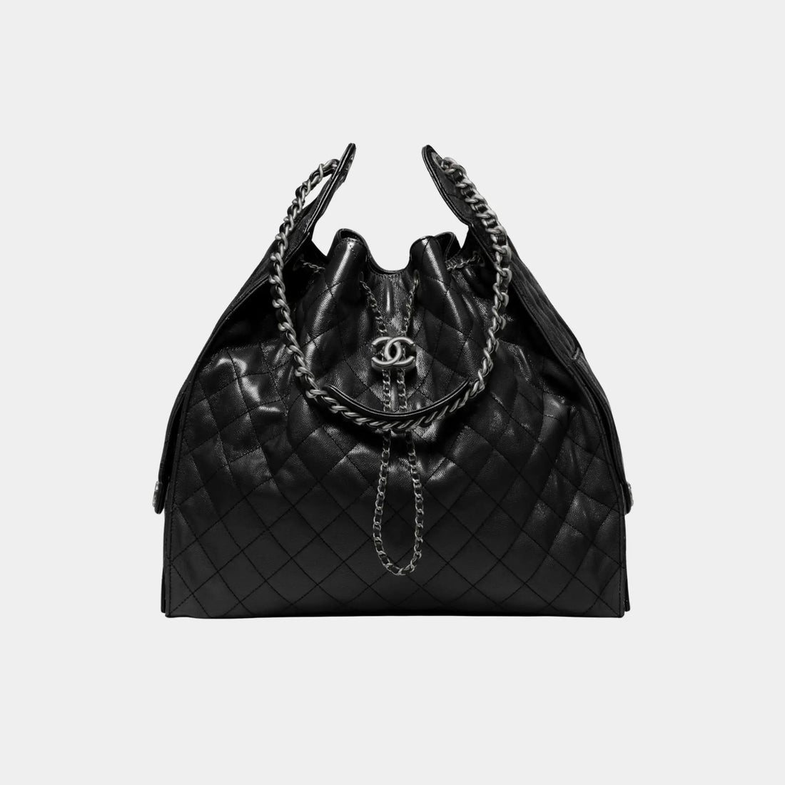 Chanel 25 Large Handbag, Grained Calfskin, Ruthenium Finish Metal, Black