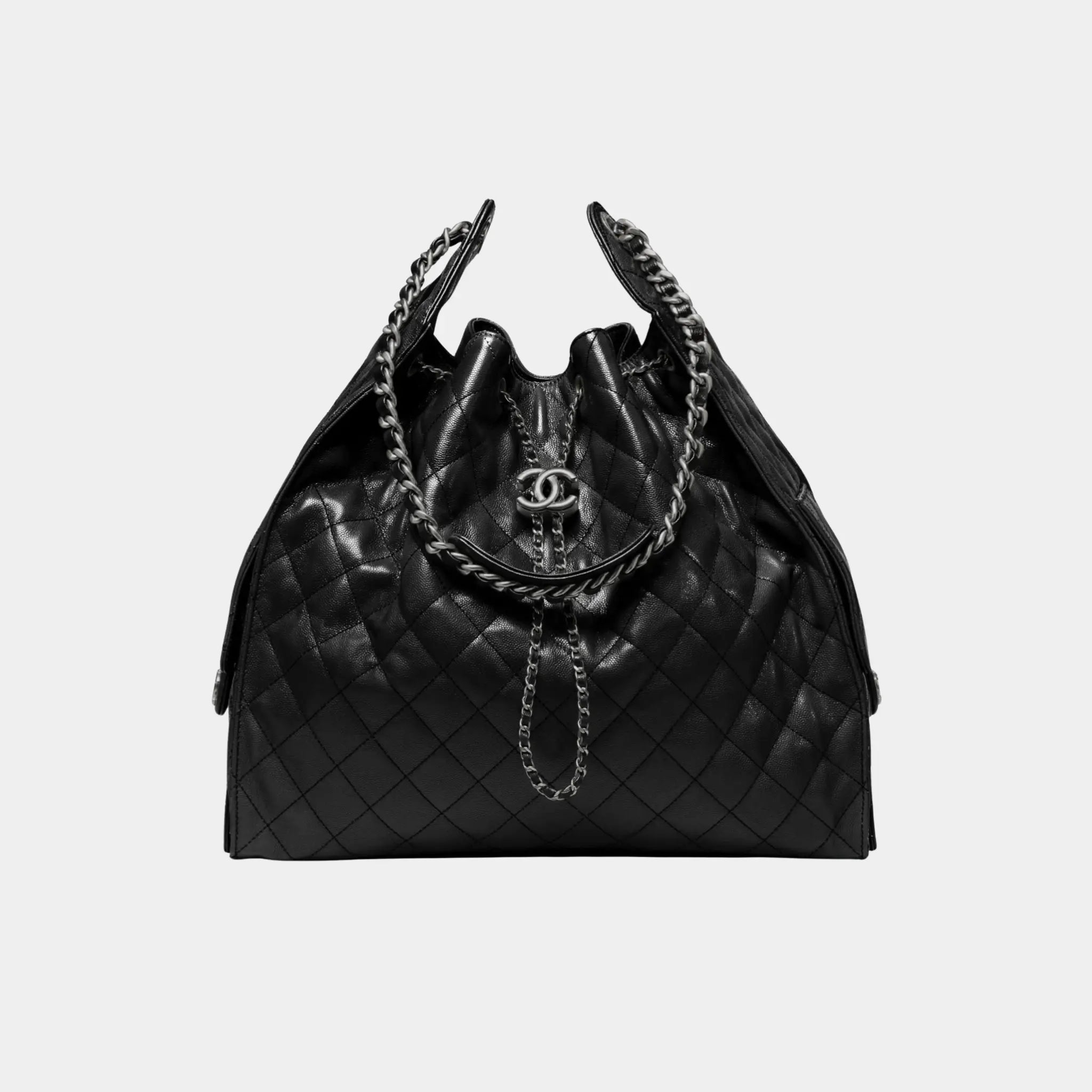 Chanel 25 Large Handbag, Grained Calfskin, Ruthenium Finish Metal, Black