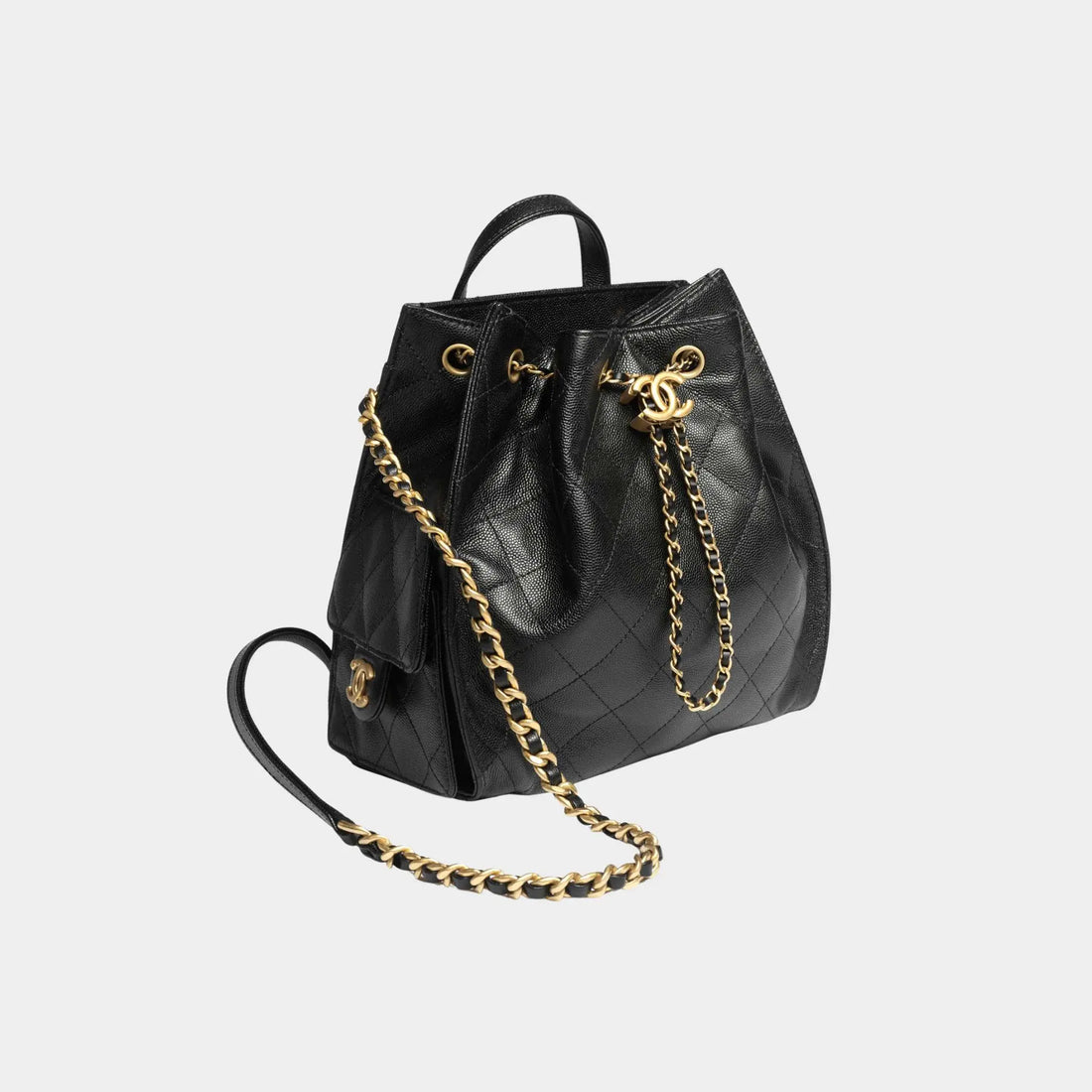 حقيبة ظهر Chanel 25 متوسطة من جلد العجل المحبب ومعدن بلون ذهبي، جانبية