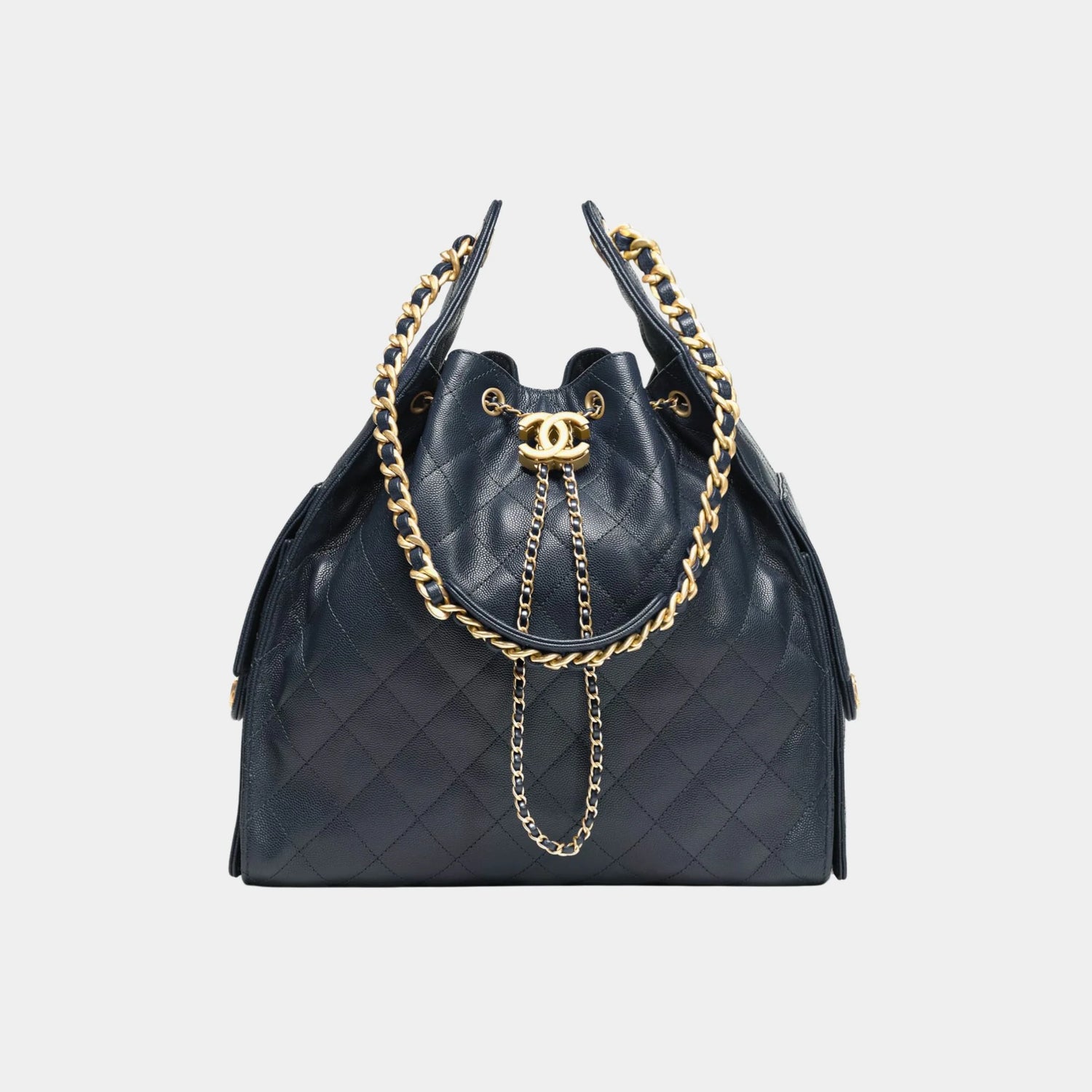 Chanel 25 Medium Handbag Grained Calfskin &amp; Gold tone Metal Dark Blue, Front 