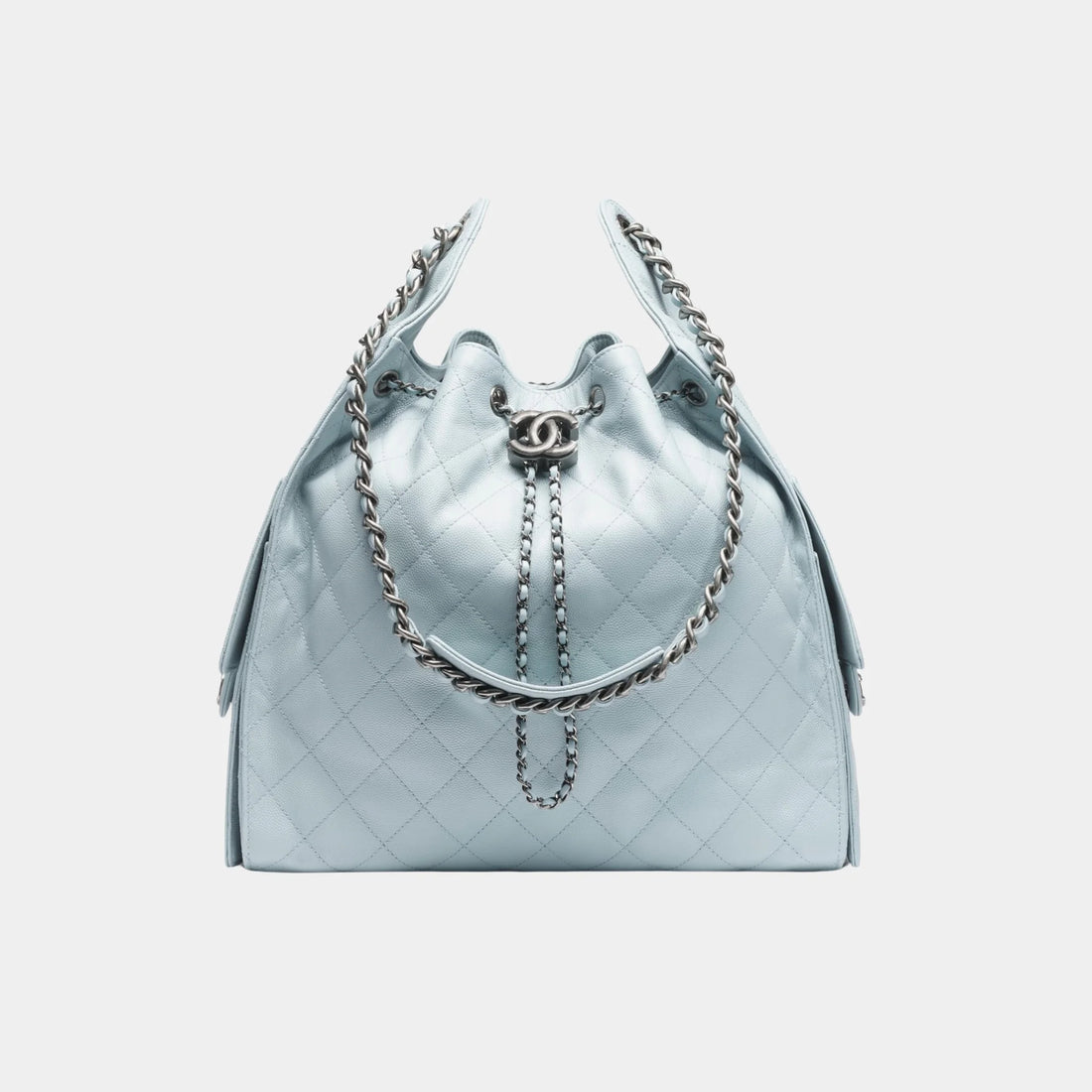 Chanel 25 Medium Handbag Grained Calfskin & Ruthenium-Finish Metal, Light Blue, Front