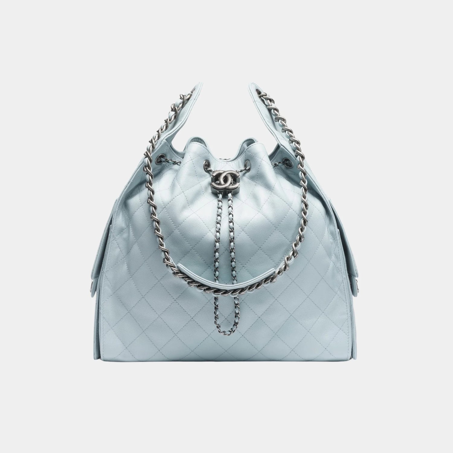 Chanel 25 Medium Handbag Grained Calfskin &amp; Ruthenium-Finish Metal, Light Blue, Front