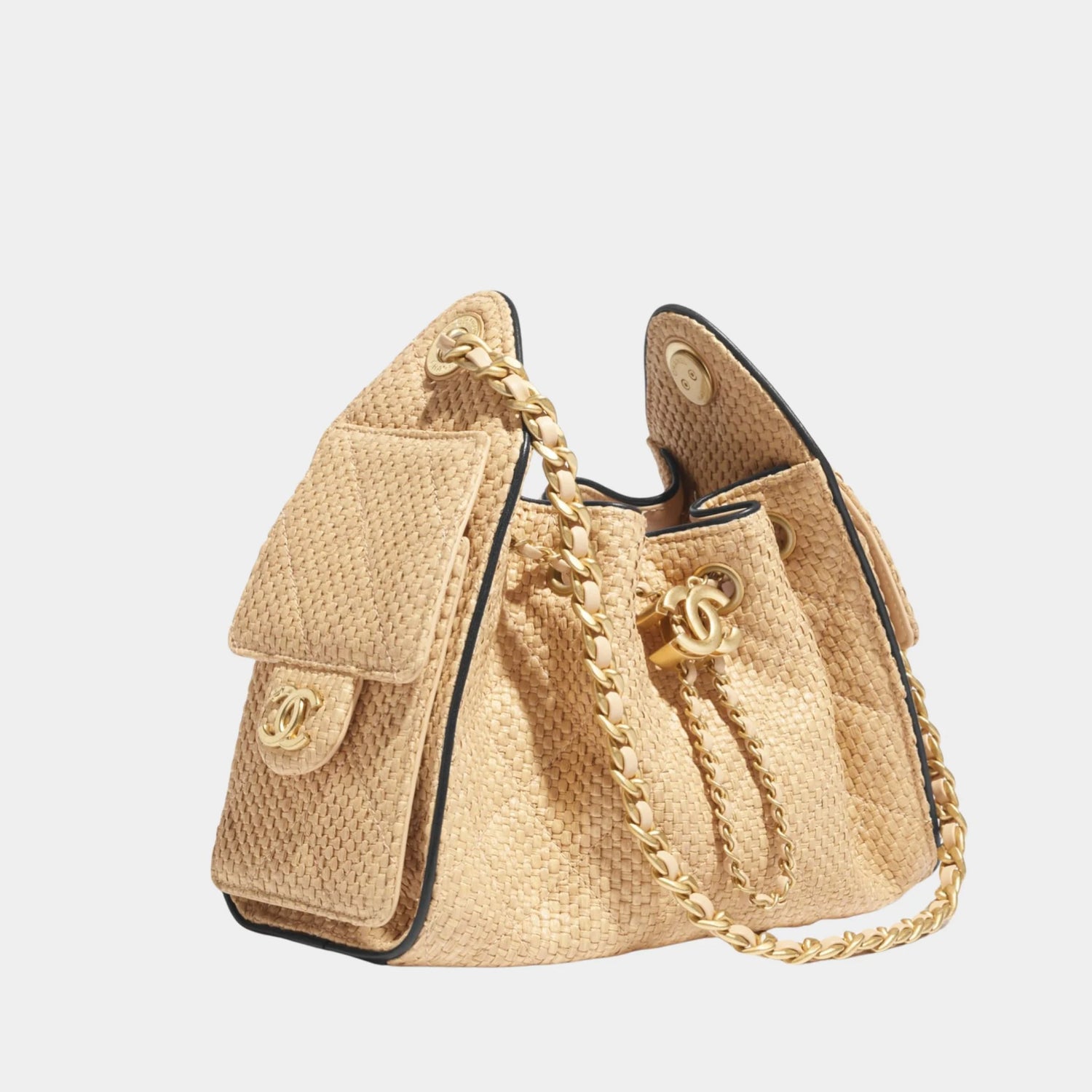 Chanel 25 Mini Handbag Braided Raffia Calfskin &amp; Gold Tone Metal, Beige and Black, Side 