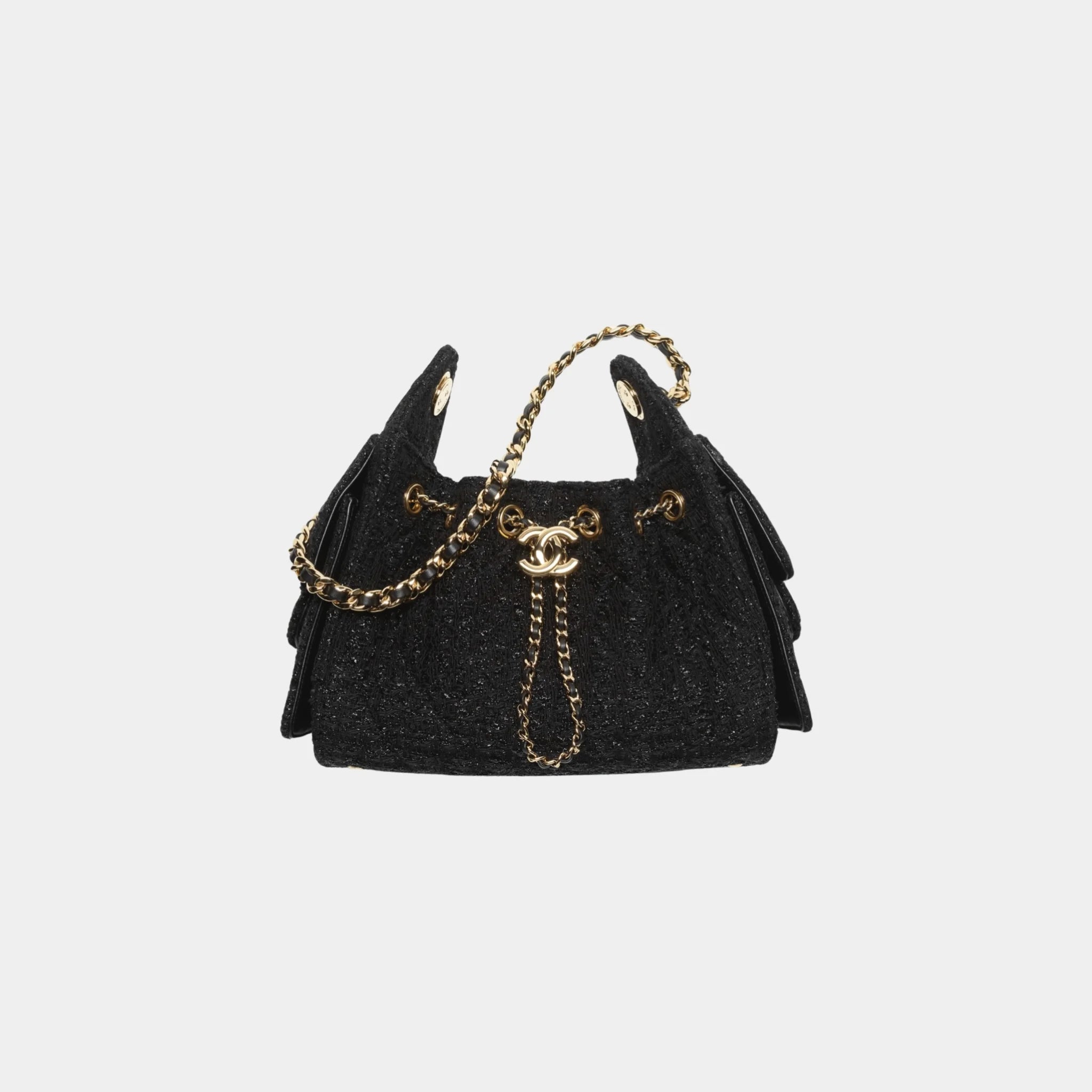 Chanel 25 Mini Handbag Cotton &amp; Wool Tweed &amp; Gold-Tone Metal, Black, Front