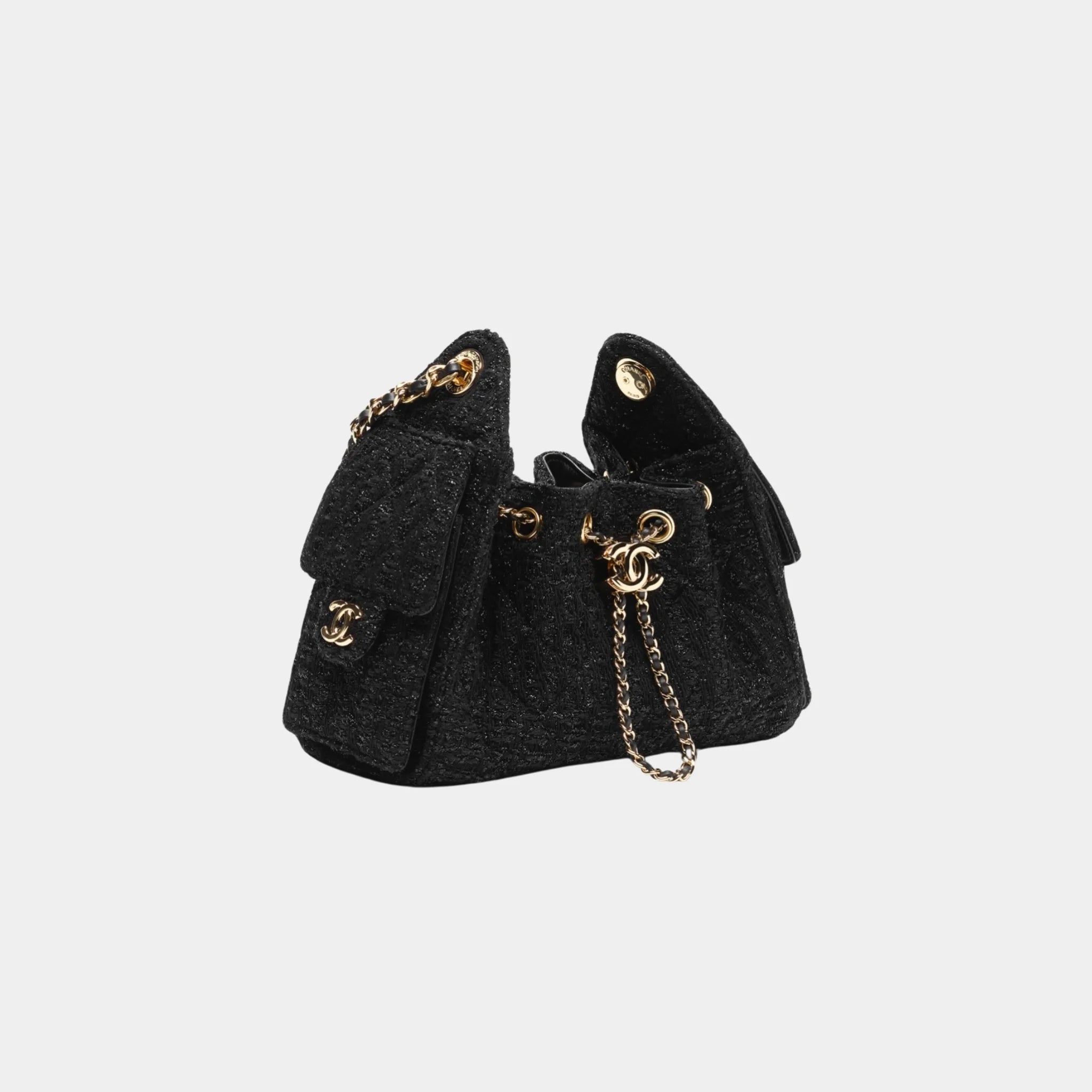 Chanel 25 Mini Handbag Cotton &amp; Wool Tweed &amp; Gold-Tone Metal, Black, Side