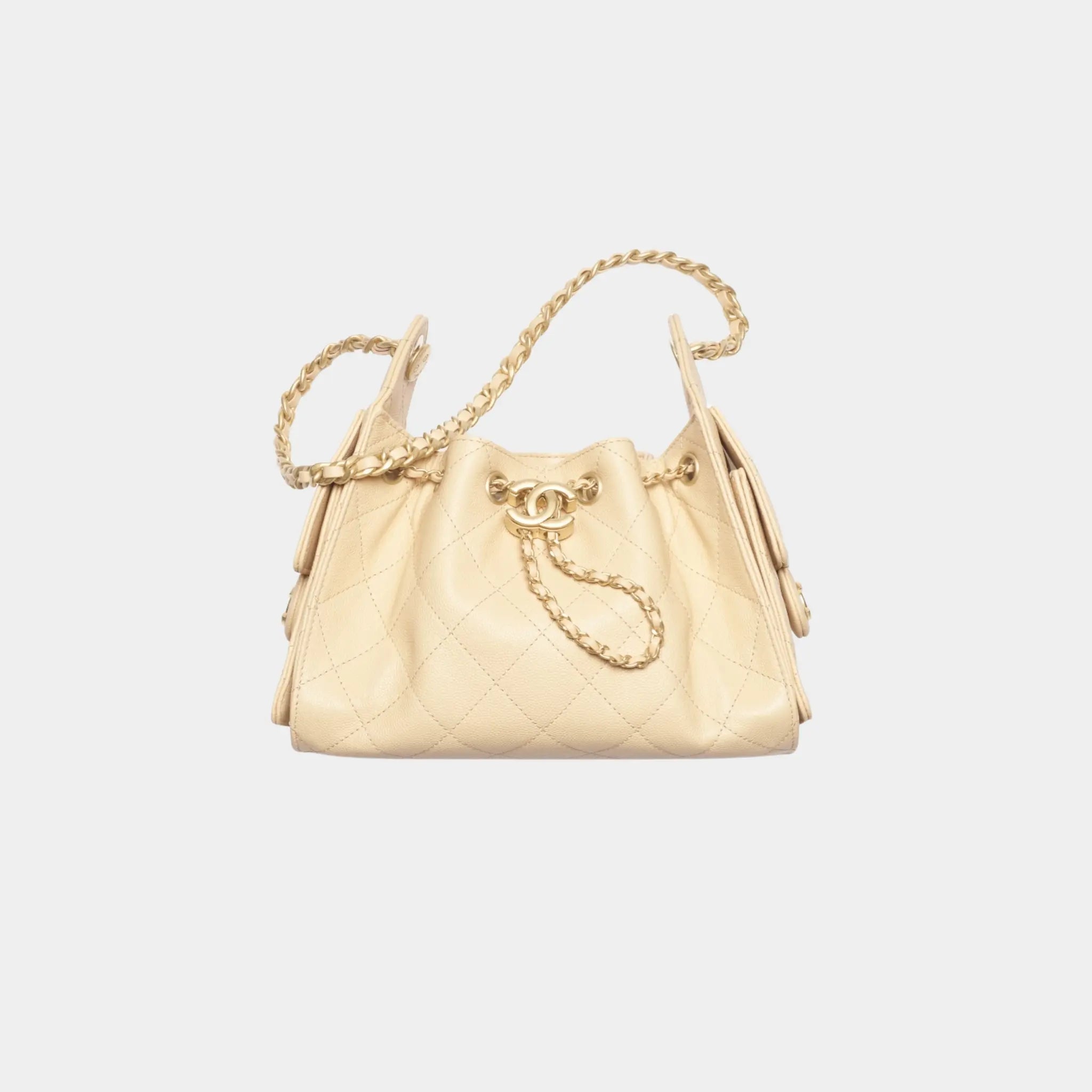 Chanel 25 Mini Handbag in Grained Calfskin &amp; Gold-Tone Metal, Beige, Front