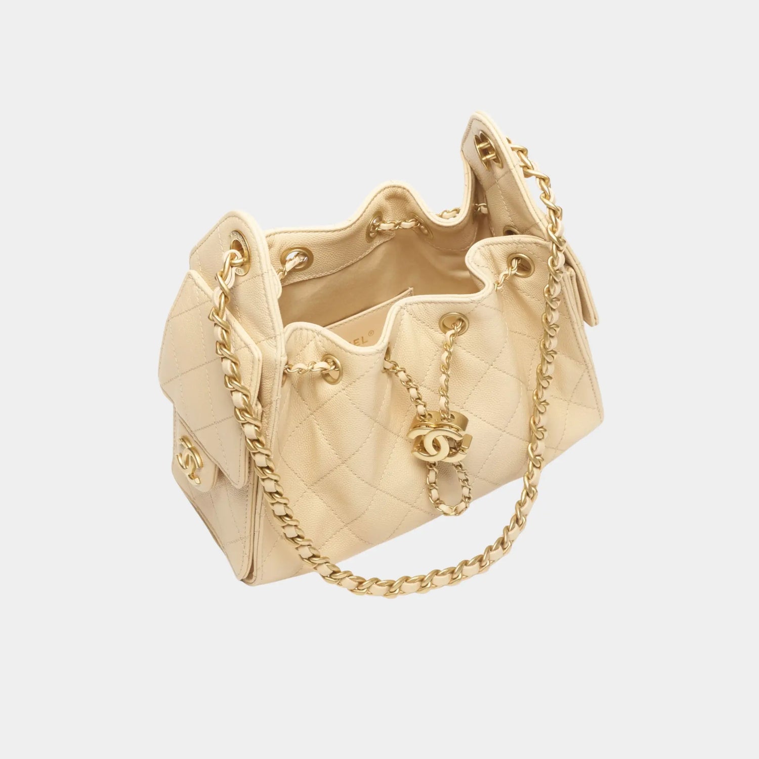 Chanel 25 Mini Handbag in Grained Calfskin &amp; Gold-Tone Metal, Beige, Top