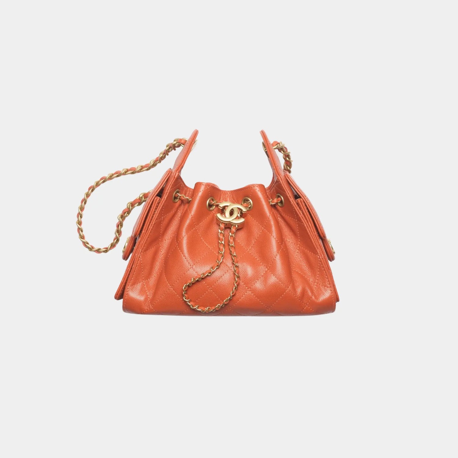 Chanel 25 Mini Handbag in Grained Calfskin &amp; Gold-Tone Metal, Dark Orange, Front