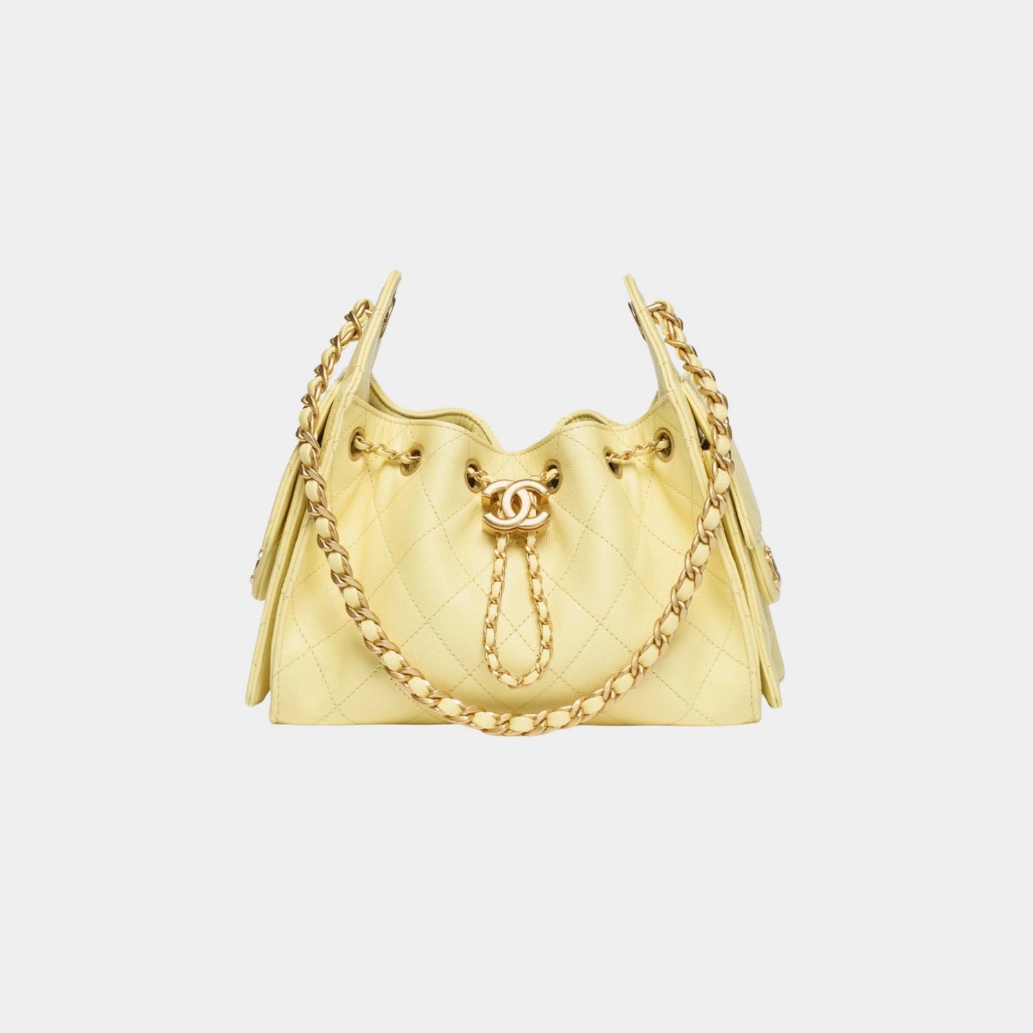 Chanel 25 Mini Handbag Grained Calfskin &amp; Gold Tone Metal, light Yellow, Front 