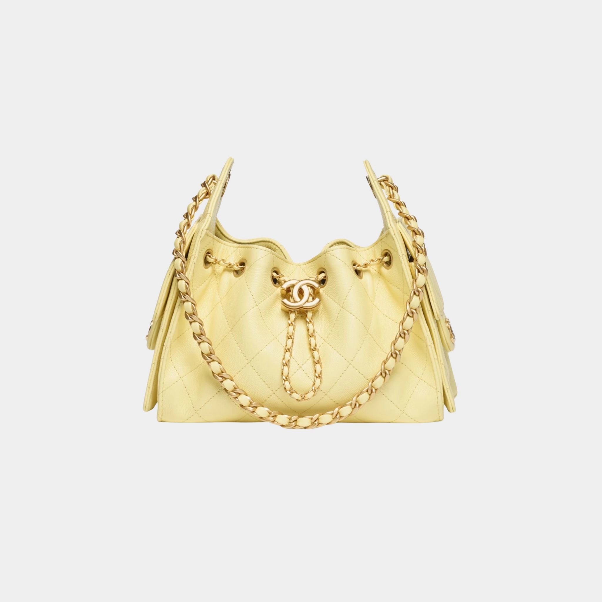 Chanel 25 Mini Handbag Grained Calfskin &amp; Gold Tone Metal, light Yellow, Front 