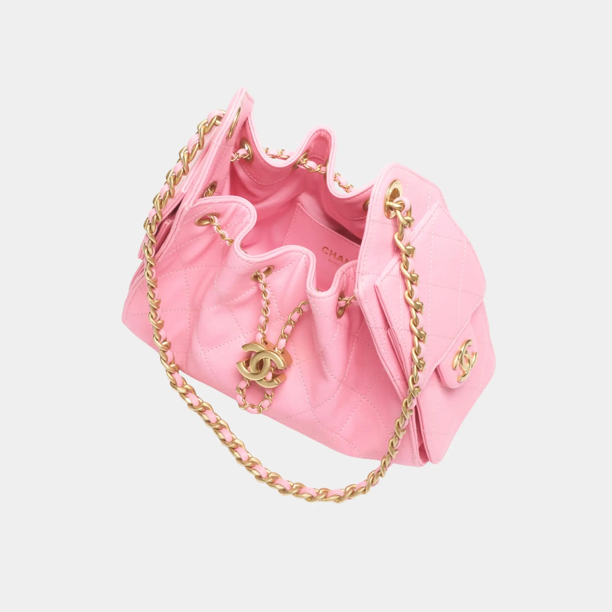 Chanel 25 Mini Handbag in Grained Calfskin &amp; Gold-Tone Metal, Pink, Top