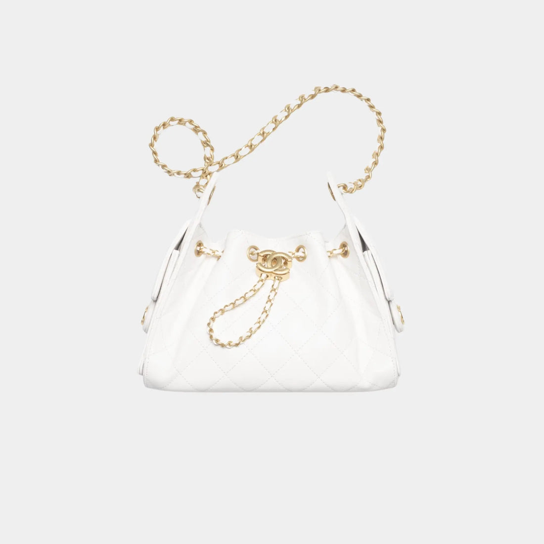 Chanel 25 Mini Handbag in Grained Calfskin &amp; Gold-Tone Metal, White, Front